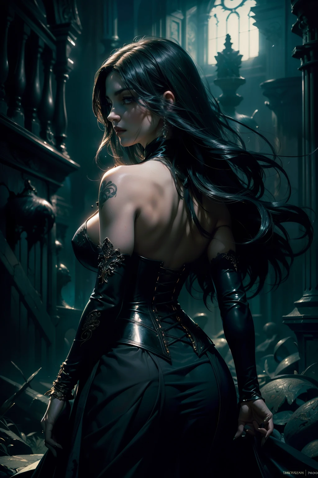 (Beautiful painting of a perfect female vampire with a slender figure and large breasts, shapeless long hair that flows in the wind, captivating perfect features, wearing an extremely baroque revealing corset that accentuates her curves, upper body shot that showcases her elegant neck and the intricate details of the corset, embodies abstract beauty and near perfection, her form is a pure expression of ethereal allure, dynamic pose adds an element of mystery and seduction, ethereal background is painted with deep dark shadows and strong cinematic lighting that enhances her supernatural beauty, back lighting adds depth and dimension, concept art by renowned artists Greg Rutkowski, John William Water