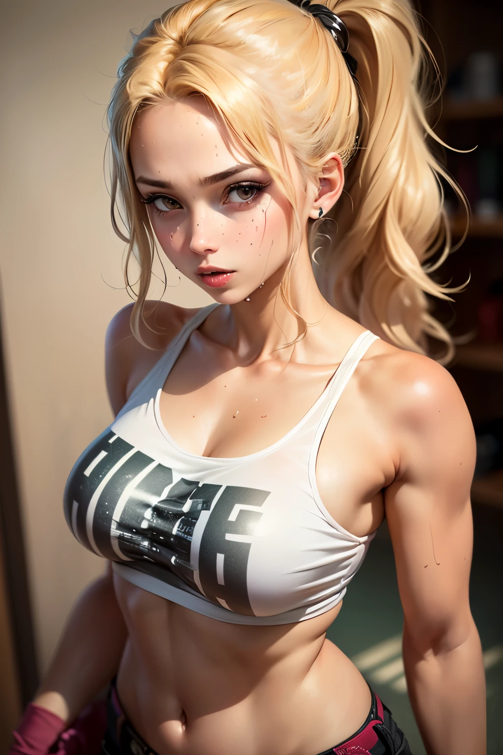 (1girl), medium breasts, tan, dewy skin, sweaty skin, wavy blonde hair, punk tshirt, punk girl