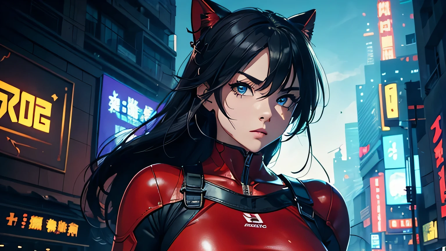 4K, A high resolution, Best quality at best, masterpiece, perfect colors, perfect shadow, perfect litthing, ((sportrait)), 1woman, fit-muscled body, bright yellow eyes，dark blue hair , blue eyes, With round lenses, The audience watched carefully, (s face: 1.2), Perfect female figure, ((standing)), ((red Tight crop top pure red leather suit)), ((shy and looking at viewert)), (Perfect thick white eyebrows) Delicate fur, 详细s face, s the perfect face, At a fantasy cyberpunk city , (model pose standing), energetic background, perfect city skyscape, lighting atmosphere, ((Bonifasko lighting)), (The round lenses on his eyes)(詳細な目), Perfect student, face close up
