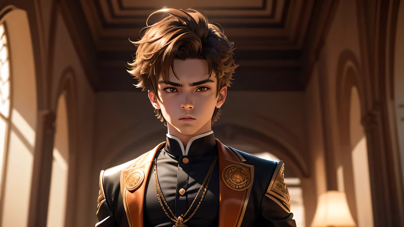 A very detailed photograph of a 15 year old white boy.., Brown eyes, goku aesthetic style, peinado rubio como goku, rostro limpio y sin imperfecciones, Looking in front of the camera, cuerpo delgado, traje de guerrero del futuro, con un traje con agujeros tipo raya que dejan al descubierto su cuerpo definido, colores rojo y dorado, elegante, attraction, con mirada traviesa, serious expression, en un hermoso lugar de grandes dunas, beautiful lighting. Hyper realistic, hiperdetallado, 4k,