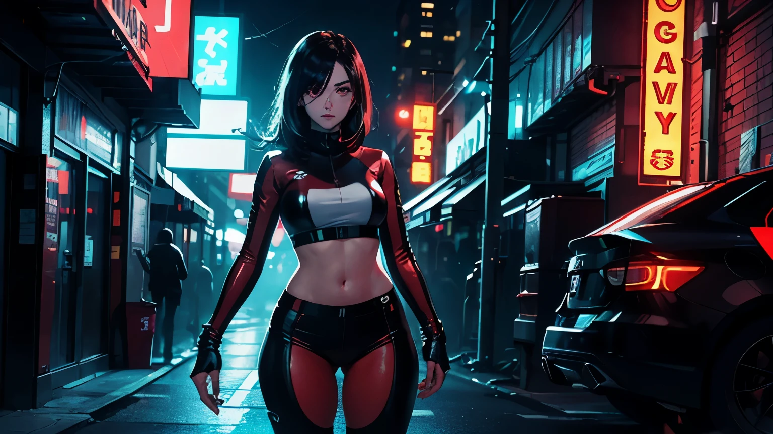 4K, A high resolution, Best quality at best, masterpiece, perfect colors, perfect shadow, perfect litthing, ((sportrait)), 1woman, fit-muscled body, bright yellow eyes，dark brown hair , blue eyes, With round lenses, The audience watched carefully, (s face: 1.2), Perfect female figure, ((standing)), ((red Tight crop top pure red leather suit)), ((shy and looking at viewert)), (Perfect thick white eyebrows) Delicate fur, 详细s face, s the perfect face, At a fantasy cyberpunk city , (model pose standing),Editorial Style photo, Bird's eye view, Dystopian Office Complex, Glowing neon signage, Concrete and Neon, Close-up of neon signage details, Dark and moody with vibrant neon colors, Dystopia Corporation, Soft neon glow from signage and ambient light, Corporate complex in the city, Nighttime, Gritty and atmospheric, Post-apocalyptic architecture —ar 16:9 —s 500, lighting atmosphere, ((Bonifasko lighting)), (The round lenses on his eyes)(詳細な目), Perfect student, face close up