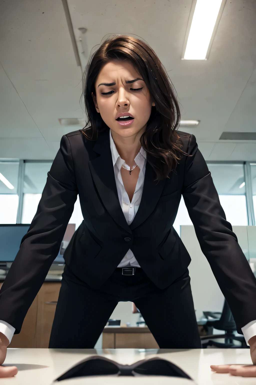 (accurate, high quality, Woman in office dress and blazer, (front view), wearing grey, vagina slightly visible, cleavage, highly detailed, screaming face, huge dick fucking her pussy, lubed skin