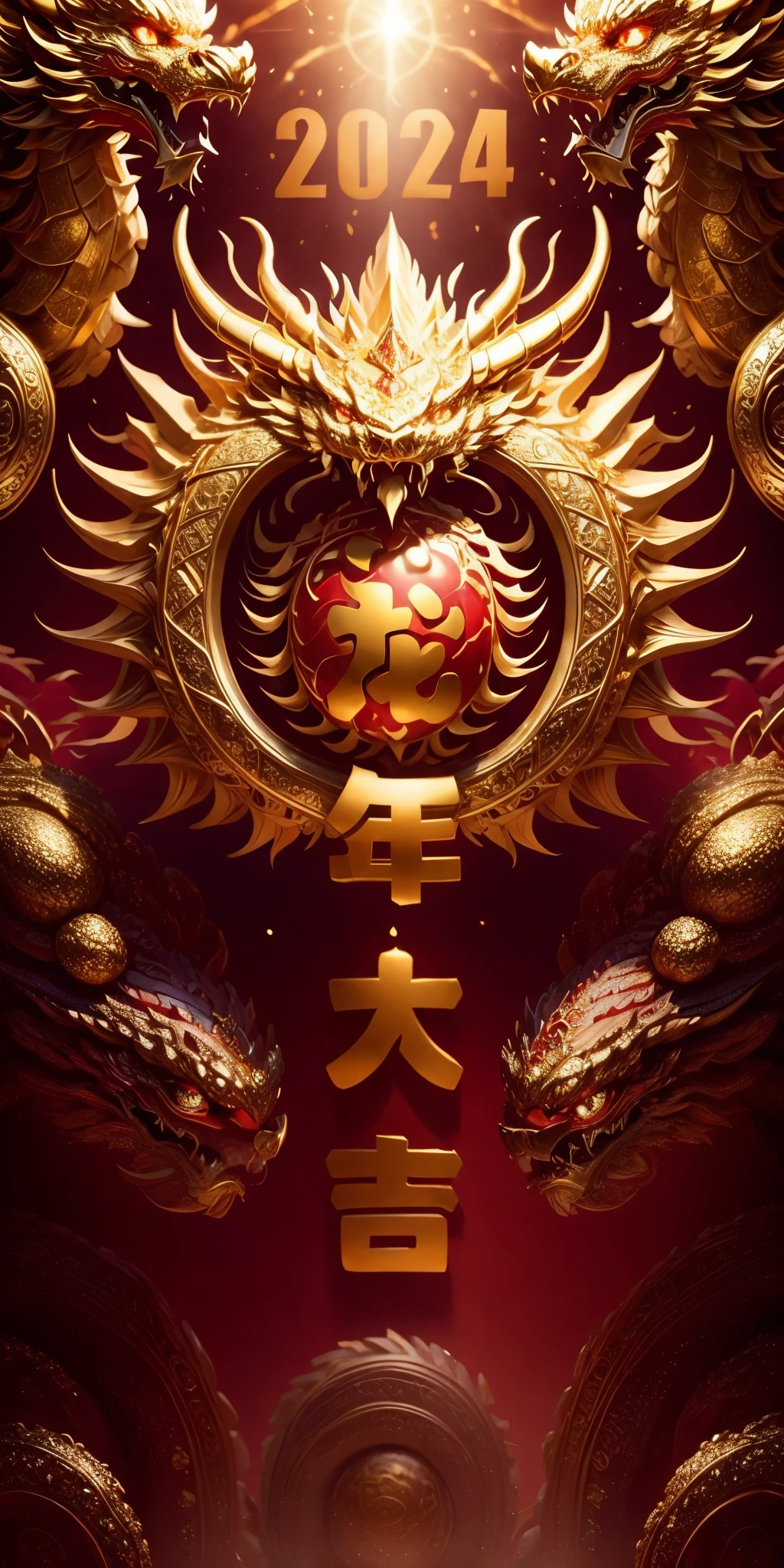 red background, (pure golden chinese dragon occupying a coner of the picture), embellished with chinese New Year elements,scattered gemstones,light and shadow sensation,3d rendering,realistic,