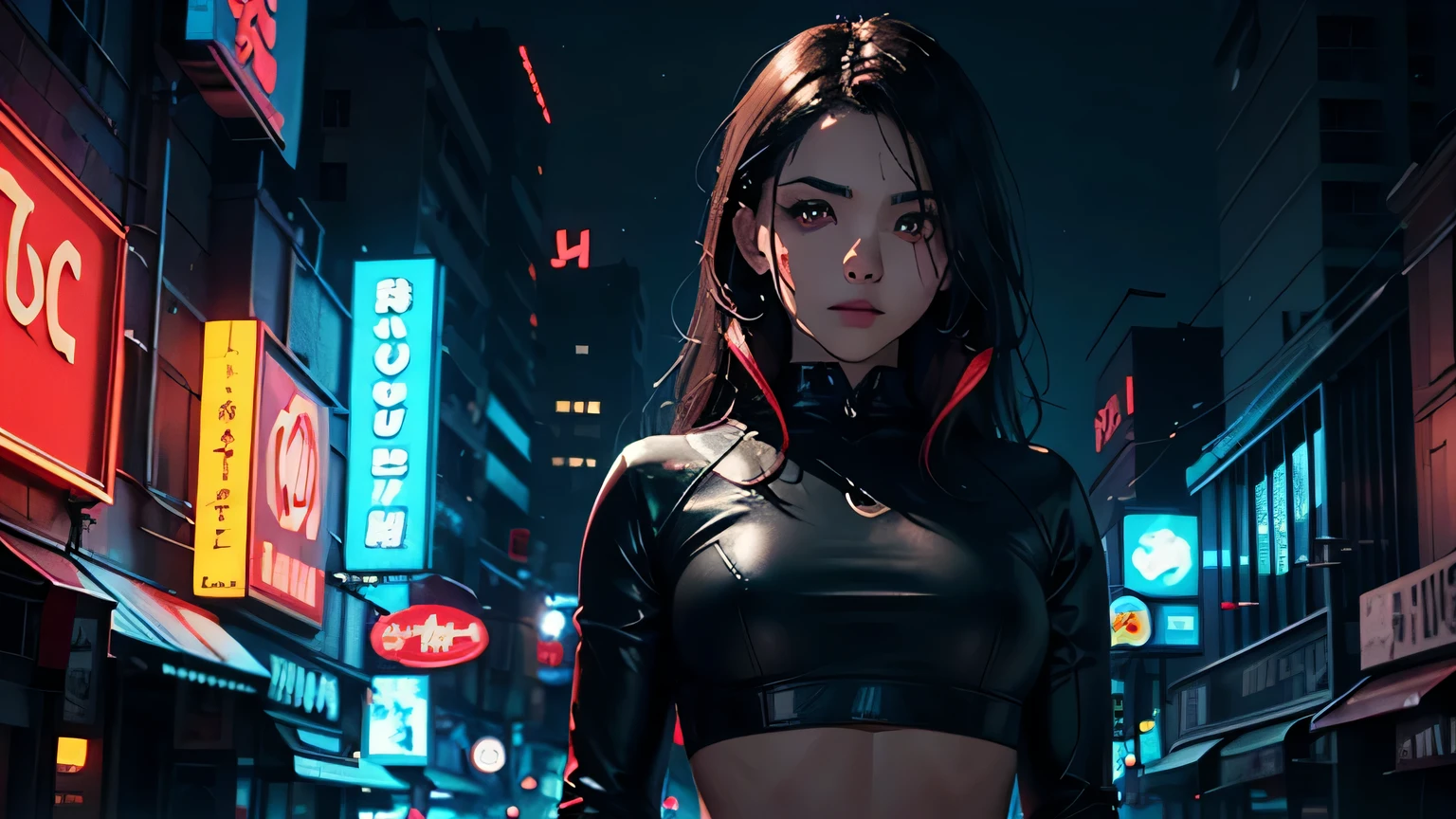 4K, A high resolution, Best quality at best, masterpiece, perfect colors, perfect shadow, perfect litthing, ((sportrait)), 1woman, fit-muscled body, bright yellow eyes,dark brown hair , blue eyes, With round lenses, The audience watched carefully, (s face: 1.2), Perfect female figure, ((standing)), ((red Tight crop top pure red leather suit)), ((shy and looking at viewert)), (Perfect thick white eyebrows) Delicate fur, 详细s face, s the perfect face, At a fantasy cyberpunk city , (model pose standing),Editorial Style photo, Bird's eye view, Dystopian Office Complex, Glowing neon signage, Concrete and Neon, Close-up of neon signage details, Dark and moody with vibrant neon colors, Dystopia Corporation, Soft neon glow from signage and ambient light, Corporate complex in the city, Nighttime, Gritty and atmospheric, Post-apocalyptic architecture —ar 16:9 —s 500, lighting atmosphere, ((Bonifasko lighting)), (The round lenses on his eyes)(詳細な目), Perfect student, face close up
