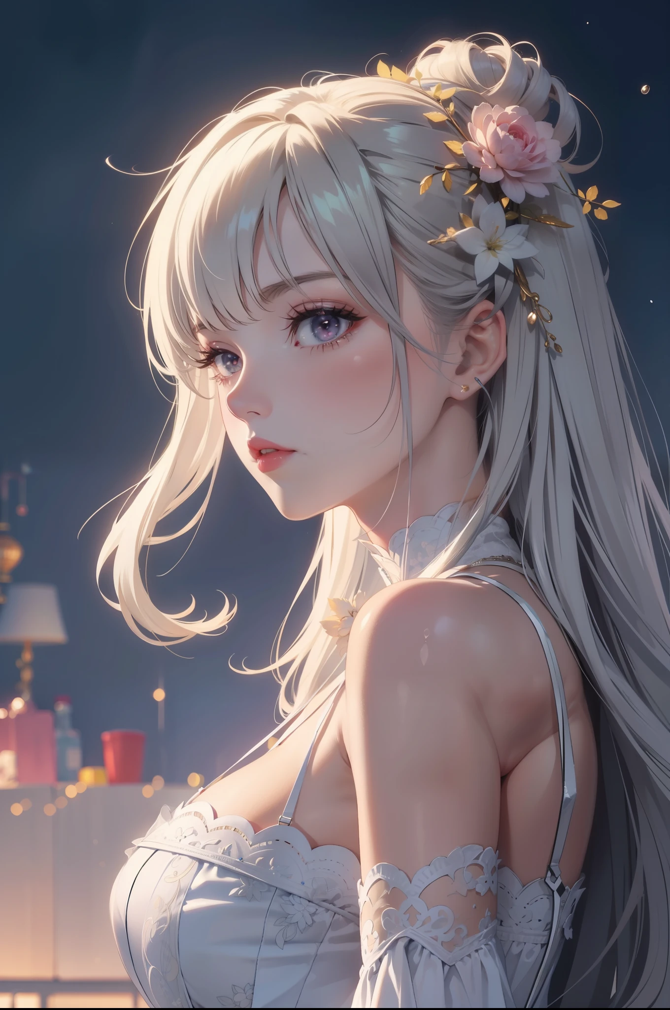 ethereal vampire, soft fair skin, white hair, white eyes, pink corset, white tight clothing, thigh-highs, bubble butt, huge breasts, starlight, cotton candy, lolita fashion, thighs, artstation, trending, ultra HD, 4k, detailed anatomy, (shiny skin), ((oiled skin)), dramatic lighting, high contrast, kawaii, skin indentation, delicate, high quality unreal engine 5, pretty , ultra realistic style, detailed face, flower accessory, soft pastel background color, art by sakimichan, uncovered, Unreal Engine 5, Cinematic, Color Grading, portrait Photography, Ultra-Wide Angle, Depth of ield, hyper-detailed, beautifully color-coded, insane details, intricate details, beautifully color graded