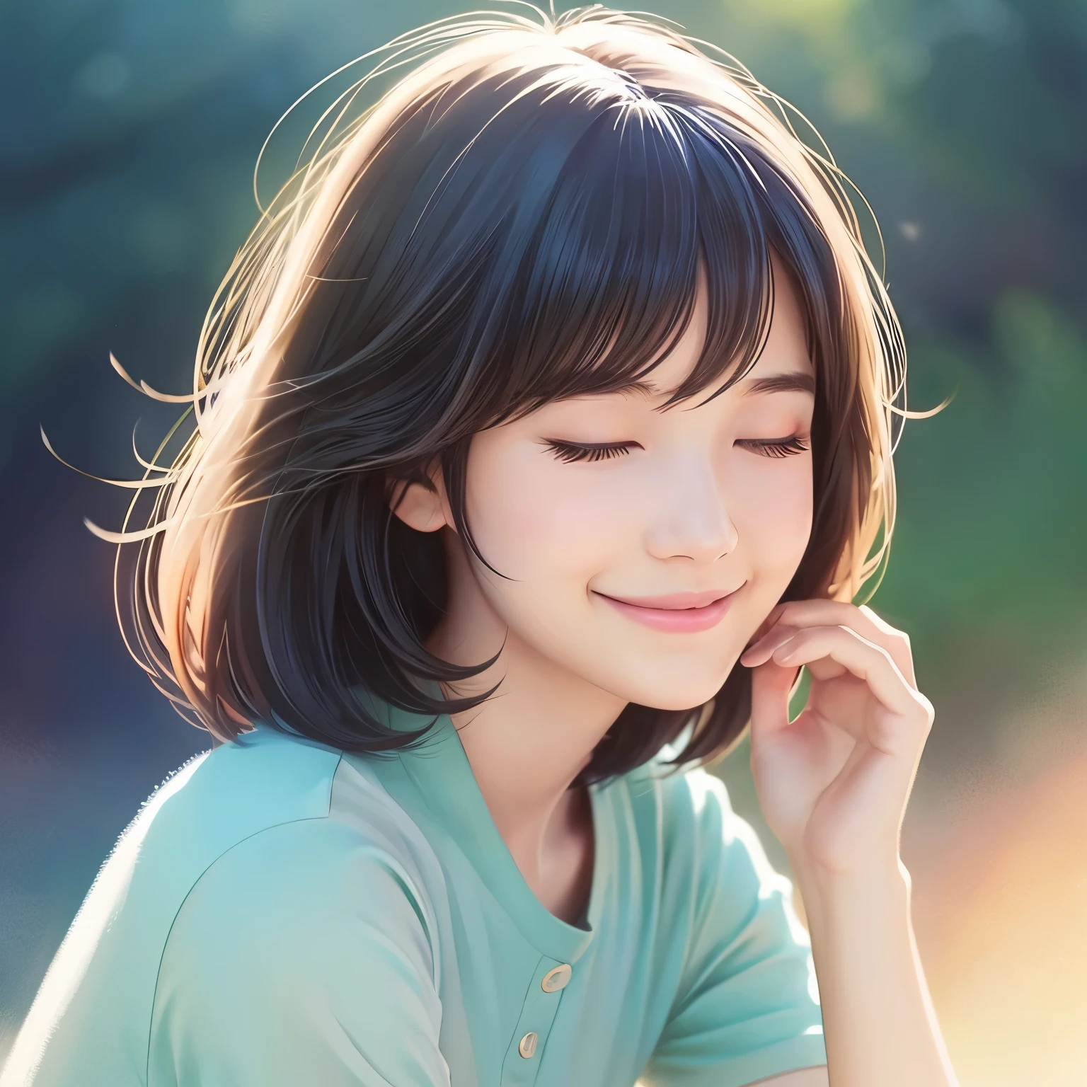 bob hair、animeAn illustration、kind、close your eyes、Calm、woman、kind、Calm、anime、An illustration、smile