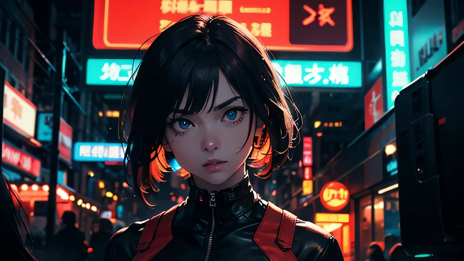 4K, A high resolution, Best quality at best, masterpiece, perfect colors, perfect shadow, perfect litthing, ((sportrait)), 1woman, fit-muscled body, bright yellow eyes,dark brown hair , blue eyes, With round lenses, The audience watched carefully, (s face: 1.2), Perfect female figure, ((standing)), ((red Tight crop top pure red leather suit)), ((shy and looking at viewert)), (Perfect thick white eyebrows) Delicate fur, 详细s face, s the perfect face, At a fantasy cyberpunk city , (model pose standing),Editorial Style photo, Bird's eye view, Dystopian Office Complex, Glowing neon signage, Concrete and Neon, Close-up of neon signage details, Dark and moody with vibrant neon colors, Dystopia Corporation, Soft neon glow from signage and ambient light, Corporate complex in the city, Nighttime, Gritty and atmospheric, Post-apocalyptic architecture —ar 16:9 —s 500, lighting atmosphere, ((Bonifasko lighting)), (The round lenses on his eyes)(詳細な目), Perfect student, face close up
