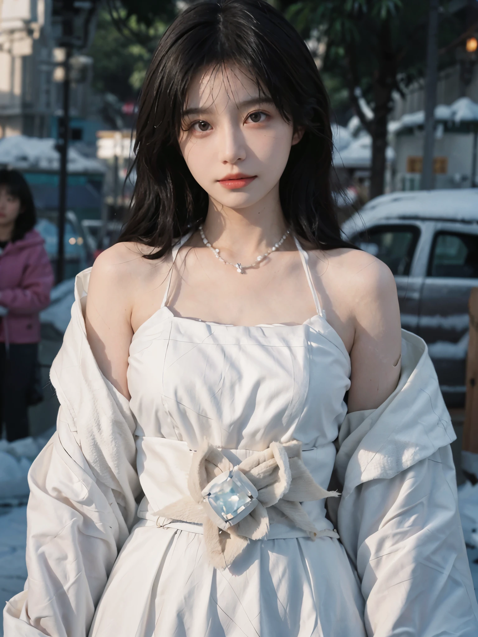 Film portrait photography, 2 girls, bare shoulders, Shoulder length wavy hair, white coat,Snow white sling, gemstone necklace,(Realistic and detailed eyes, natural skin texture, Realistic facial details),, depth of field, Bokeh, Vibrant details, Detailed and detailed, Surrealism, 35mm film, hazy, ,self-shot,