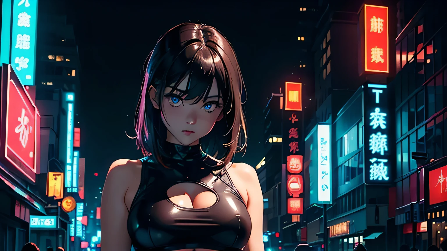 4K, A high resolution, Best quality at best, masterpiece, perfect colors, perfect shadow, perfect litthing, ((sportrait)), 1woman, fit-muscled body, bright yellow eyes,dark brown hair , blue eyes, With round lenses, The audience watched carefully, (s face: 1.2), Perfect female figure, ((standing)), ((red Tight crop top pure red leather suit)), ((shy and looking at viewert)), (Perfect thick white eyebrows) Delicate fur, 详细s face, s the perfect face, (model pose standing),Editorial Style photo, Bird's eye view, Dystopian Office Complex, Glowing neon signage, Concrete and Neon, Close-up of neon signage details, Dark and moody with vibrant neon colors, Dystopia Corporation, Soft neon glow from signage and ambient light, Corporate complex in the city, Nighttime, Gritty and atmospheric, Post-apocalyptic architecture —ar 16:9 —s 500, lighting atmosphere, ((Bonifasko lighting)), (The round lenses on his eyes)(詳細な目), Perfect student, face close up