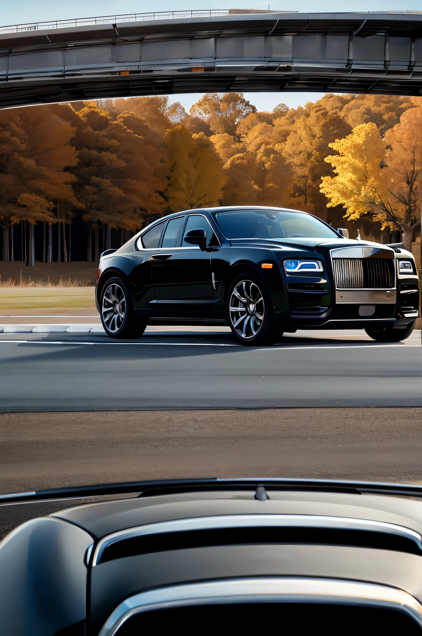 car，Driving on the road of the future，parallel perspective，Black SUV，side view，black rolls royce（0.5），super real，8K quality，The best picture quality
