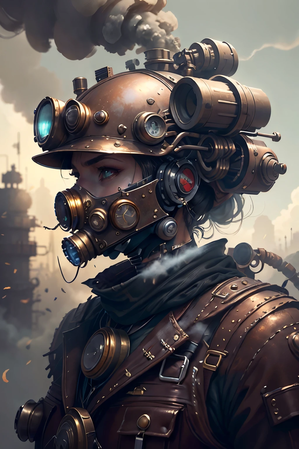 American woman of serious expression, with a steam mask on his head, Portrait of a mechanical American woman, it's not anime, Arte digital 4K realista, Arte digital 4K realista, Wojtek FUS, Arte digital altamente detalhada em 4k, Cyber Steampunk 8K 3D, arte steampunk digital, Arte digital realista 8k, Arte digital detalhada em 4k, Arte cyberpunk 8K ultrarrealista, arte conceitual ultra realista, melhor qualidade, fotorrealista, melhor sombra, delicado, .RAW, ultra high-resolution, Arte hiper-realista, gallery-grade work, Arte Oficial, wallpaper forced,64 mil, ultra precise, visualmente impressionante, Obra-prima sublime, peak clarity, in the background Huge steampunk buildings, smoke billowing, show a scene of sharp contrast, Uma camada de nuvens subindo desordenadamente