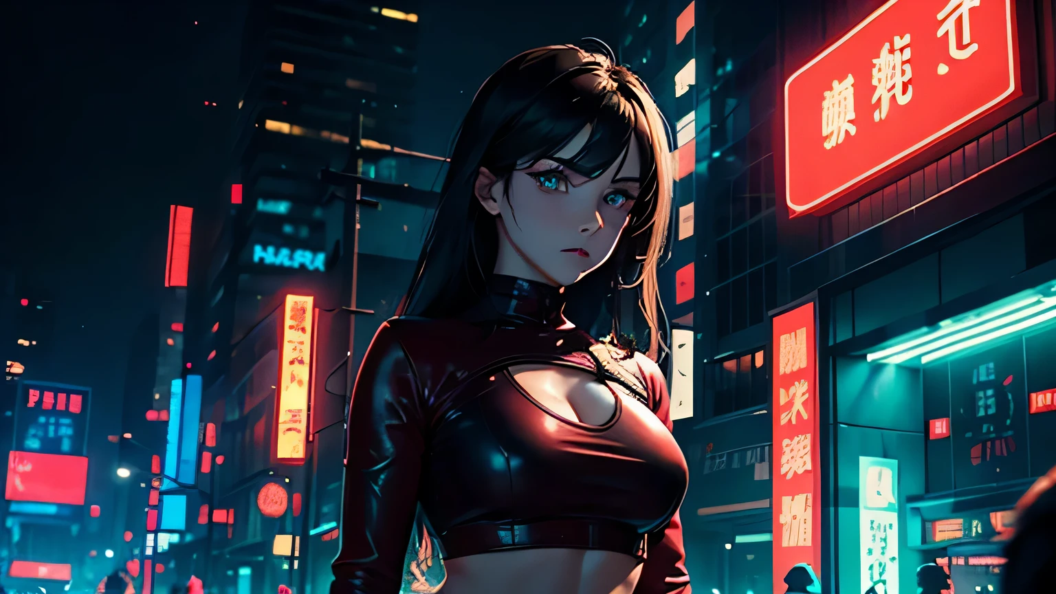 4K, A high resolution, Best quality at best, masterpiece, perfect colors, perfect shadow, perfect litthing, ((sportrait)), 1woman, fit-muscled body, bright yellow eyes，dark brown hair , blue eyes, With round lenses, big breast, The audience watched carefully, (s face: 1.2), Perfect female figure, ((standing)), ((red Tight crop top pure red leather suit)), ((shy and looking at viewert)), (Perfect thick white eyebrows) Delicate fur, 详细s face, s the perfect face, (model pose standing),Editorial Style photo, Bird's eye view, Dystopian Office Complex, Glowing neon signage, Concrete and Neon, Close-up of neon signage details, Dark and moody with vibrant neon colors, Dystopia Corporation, Soft neon glow from signage and ambient light, Corporate complex in the city, Nighttime, Gritty and atmospheric, Post-apocalyptic architecture —ar 16:9 —s 500, lighting atmosphere, ((Bonifasko lighting)), (The round lenses on his eyes)(詳細な目), Perfect student, face close up