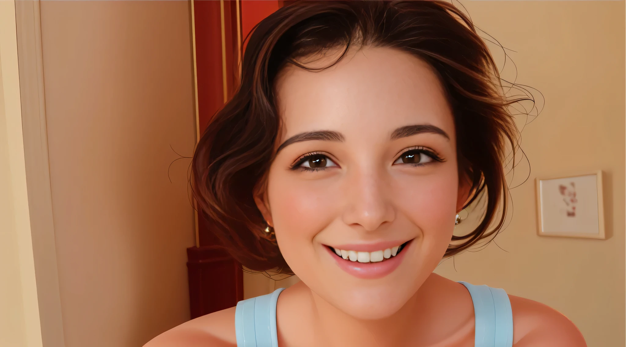 mulher sorridente, retrato de close-up de rosto inteiro, cabelos ondulados sem maquiagem, smiling happily at camera, retrato frontal, retrato de rosto inteiro, ,Mulher na casa dos 40 anos, facing the camera Woman with white skin and dark hair. ela tem cerca de 35 anos. Corpo fino, cintura fina. Altamente realista, hiperrealismo, pele muito elaborada. foto de corpo inteiro, Limpar foto, alta qualidade, high resolution, obra de arte, 8k.