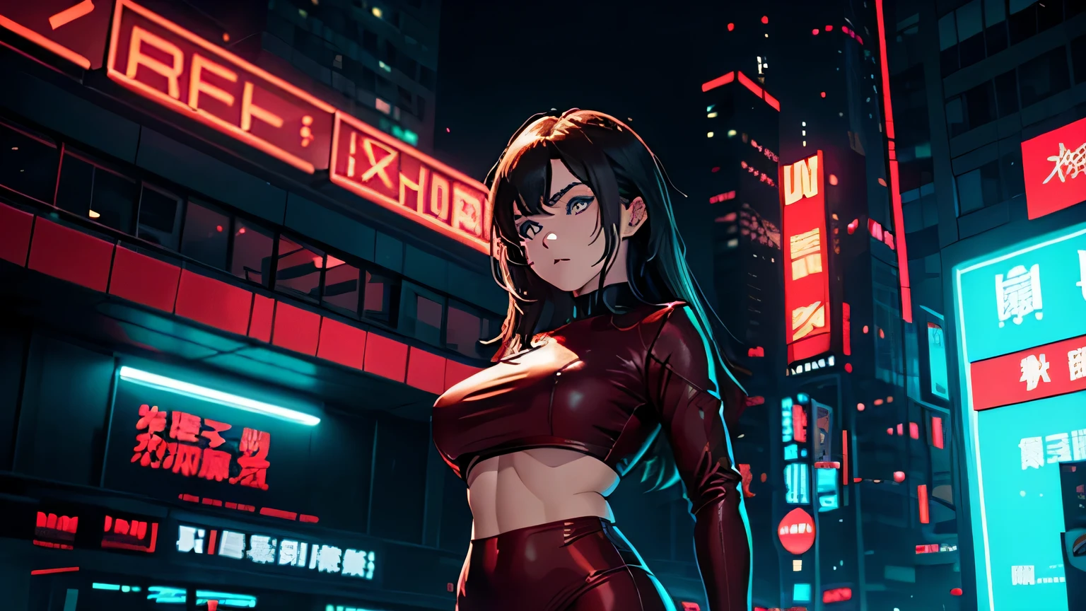 4K, A high resolution, Best quality at best, masterpiece, perfect colors, perfect shadow, perfect litthing, ((sportrait)), 1woman, fit-muscled body, bright yellow eyes,dark brown hair , blue eyes, With round lenses, big breast, The audience watched carefully, (s face: 1.2), Perfect female figure, ((standing)), ((red Tight crop top pure red leather suit)), ((shy and looking at viewert)), (Perfect thick white eyebrows) Delicate fur, 详细s face, s the perfect face, (model pose standing),Editorial Style photo, Bird's eye view, Dystopian Office Complex, Glowing neon signage, Concrete and Neon, Close-up of neon signage details, Dark and moody with vibrant neon colors, Dystopia Corporation, Soft neon glow from signage and ambient light, Corporate complex in the city, Nighttime, Gritty and atmospheric, Post-apocalyptic architecture —ar 16:9 —s 500, lighting atmosphere, ((Bonifasko lighting)), (The round lenses on his eyes)(詳細な目), Perfect student, face close up