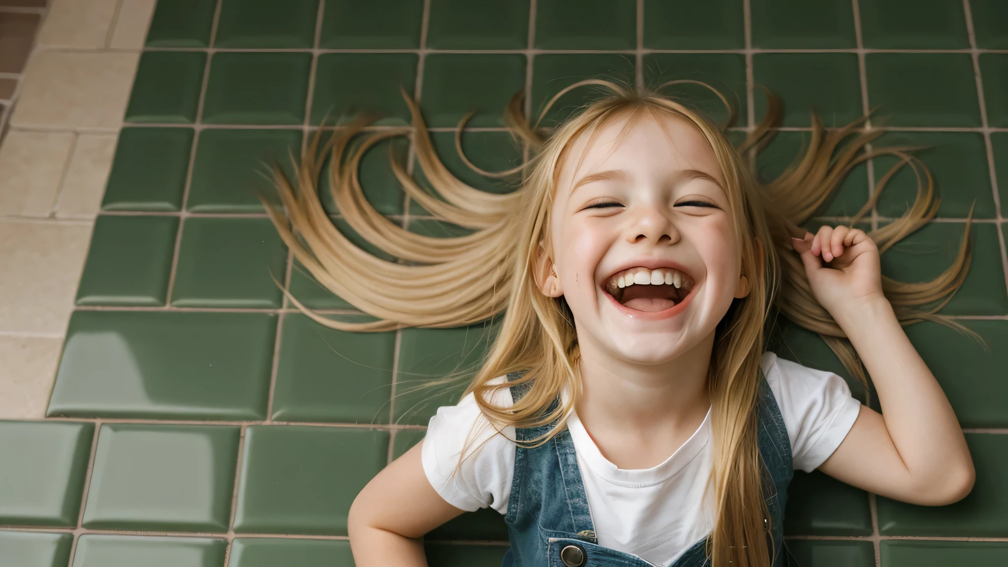 backgrond green tiles, KIDS GIRL BLONDE long hair, evil crazy laugh,