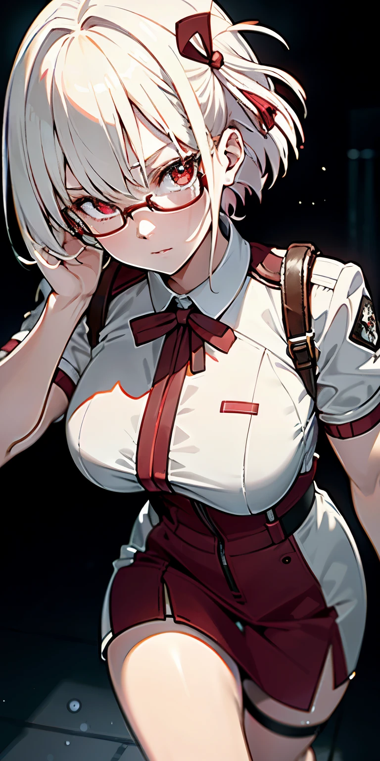 masterpiece , ( lite white short hair:1.2), (red eyes:1.2) , (8k, best quality 1.2), ultra-detailed, 8k uhd, soft lighting, high quality, film grain, beautiful lighting, cinematic ,perfect body , best illumination, best shadow, sharpness, contrast, red glasses, absurdres high detailed face, seen from above in spacesuit, space, floating, wide angle lens distortion, red eyes