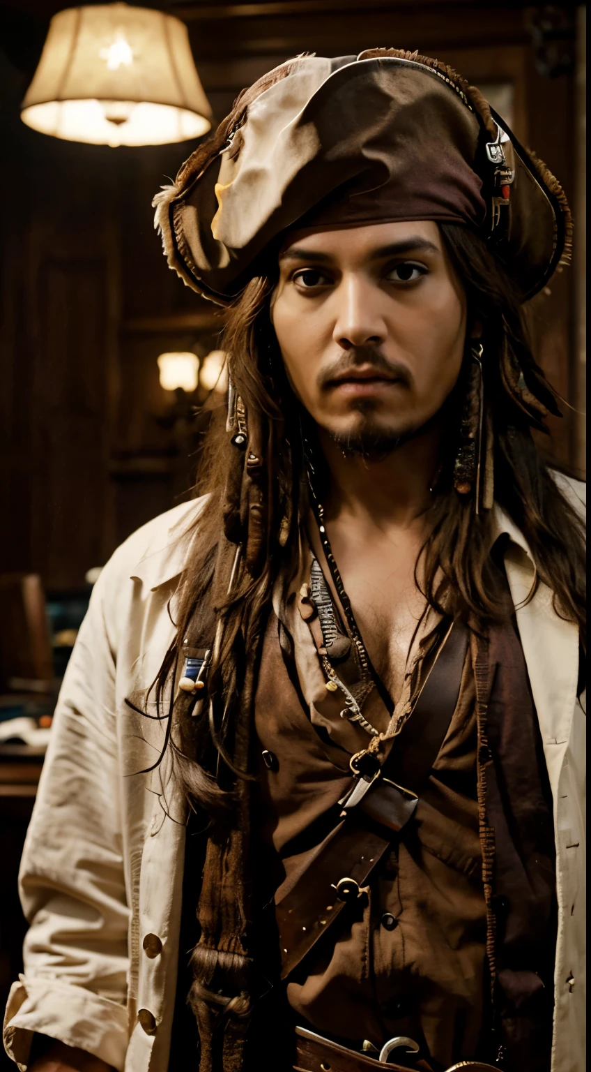 Masterpiece, Highest Quality, Ultra-Detailed, Hyper-Real, Jack Sparrow, Real life, He is a doctor, Perfect Face, FOTO FRONTAL, cinematic lighthing, full body,