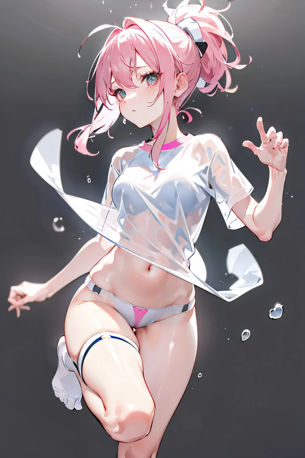 (8K,ultra high resolution),Pink double ponytail senior,lifting one leg,Shy,Breathing,white shirt,no underwear,Covered with transparent tape,Soaked all over,exposed,
