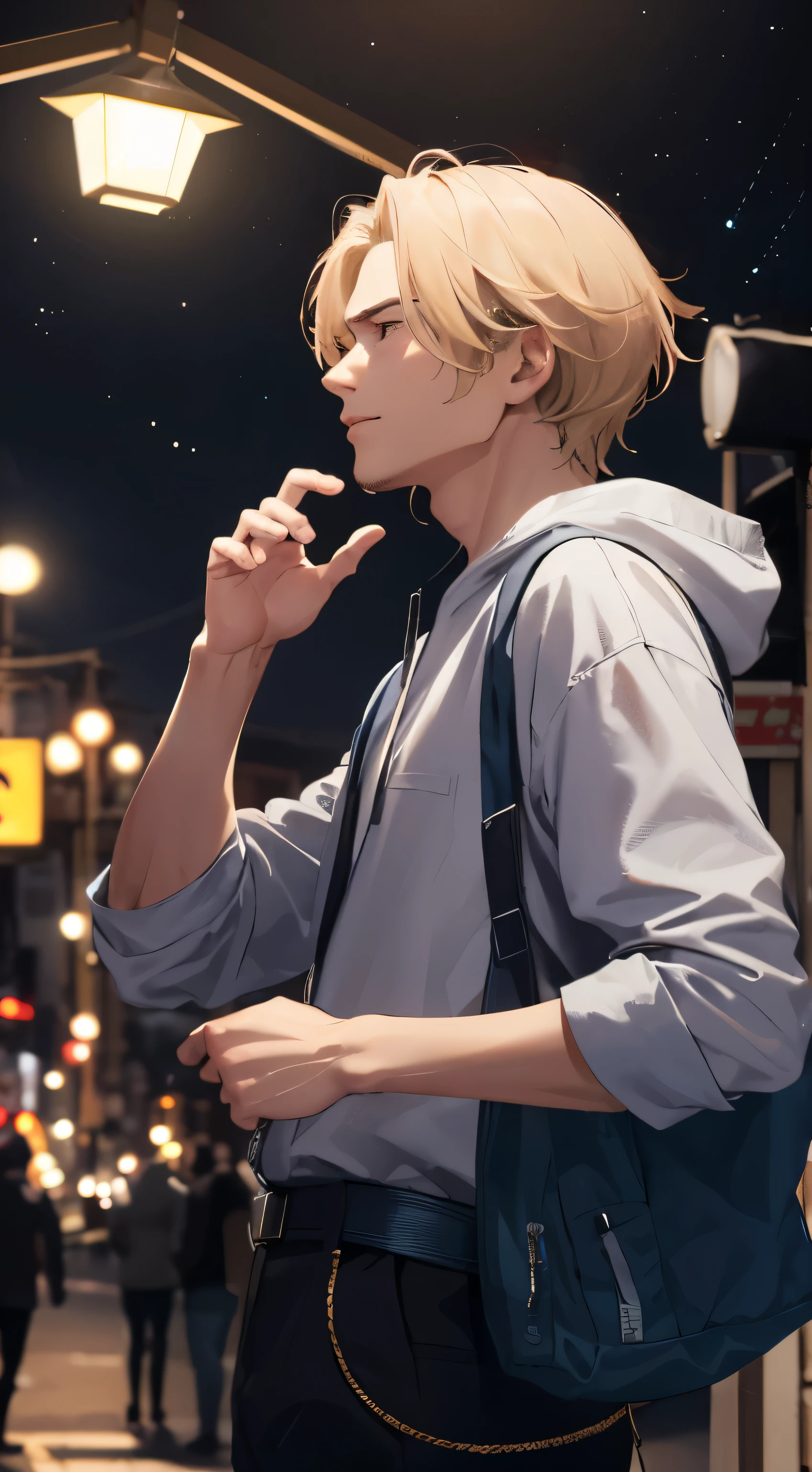 a man stands under a street lamp and looks at the stars, 20 years, lean, night, the lantern is on, man looking at the stars, pose with head thrown back, baggy clothes, side view, blond tousled hair, cinematic quality, Best quality, masterpiece, tired expression, portrait