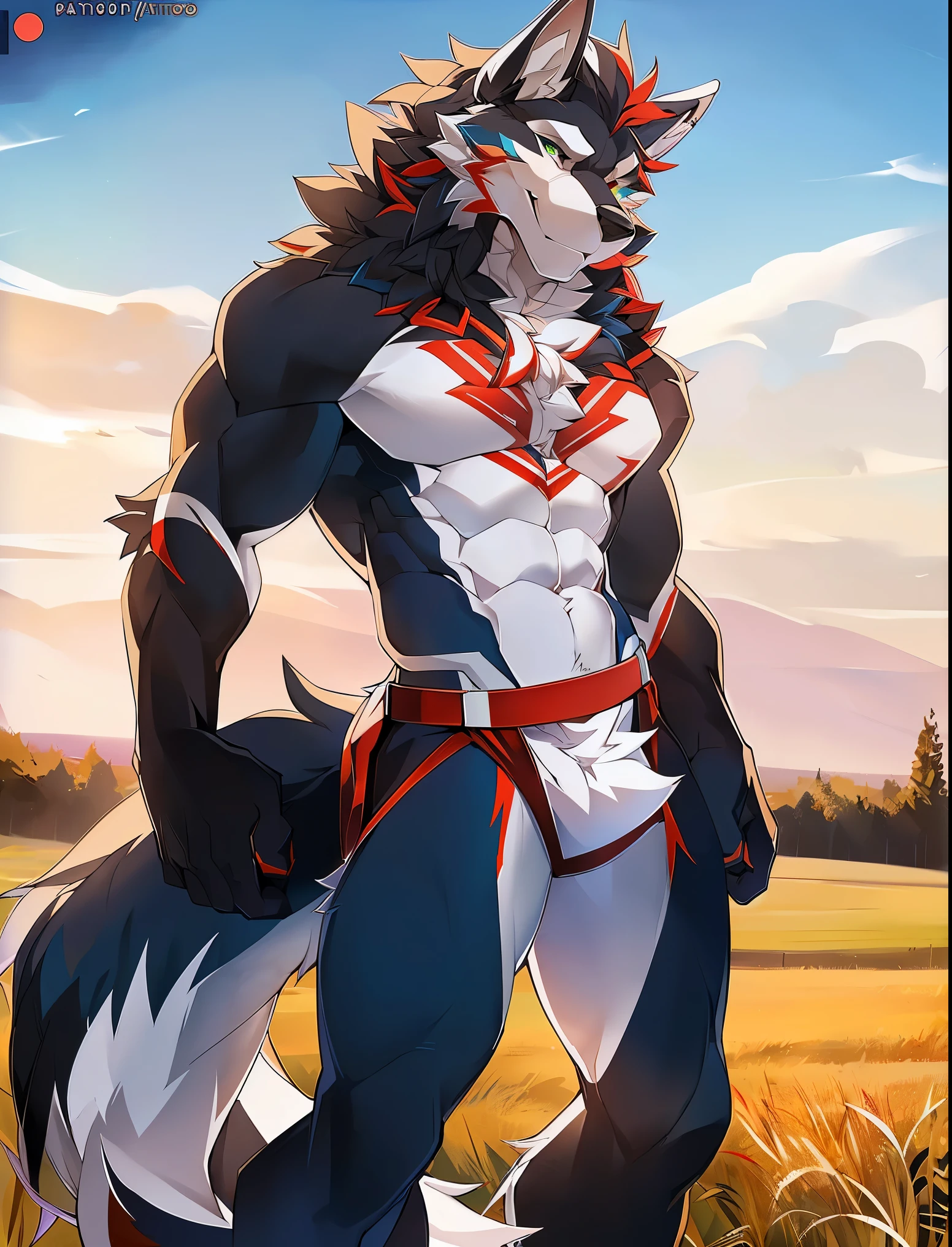 ((Solo)), male people, anthro wolf, (Multi-colored fur, White tail pointed), (Height 2.1 meters,Tail length 1.5m), Abs, pinginuscular, A long big tail, by patto, field