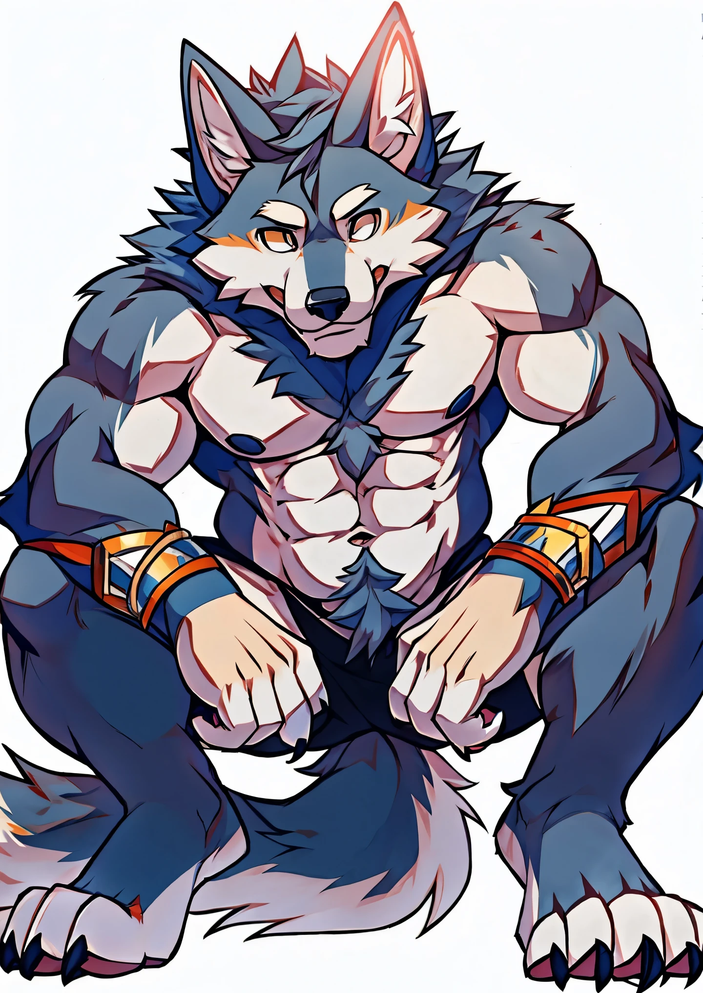 Human-wolf，musculous，Hairy all over，clawed paws， through