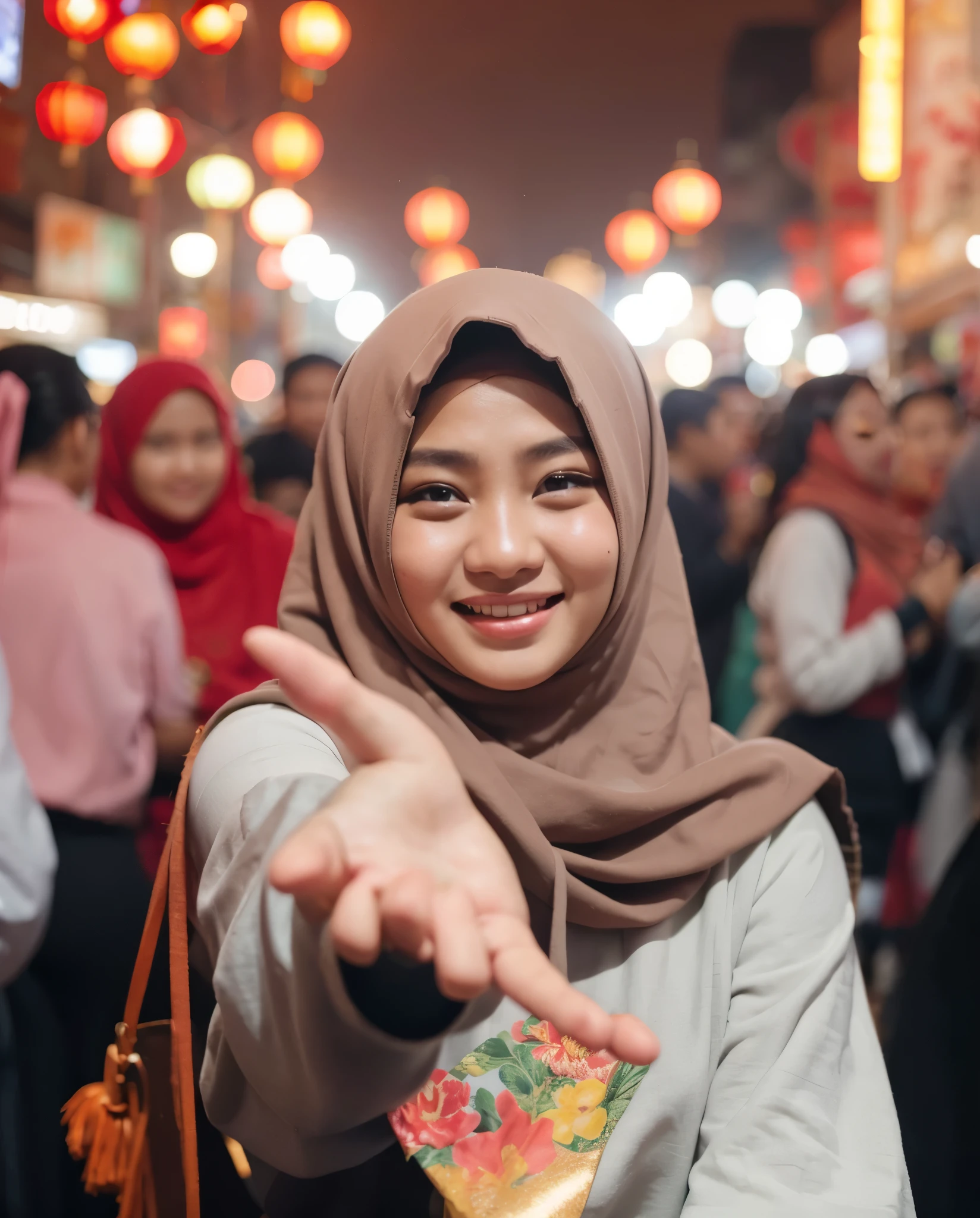 Indonesian girls wearing slightly chubby hijabs gathered in a busy place celebrating Chinese New Year on the streets of Denpasar, Bali. pose stretching out his hand with a manha smiling expression, warm night with colorful lights leaving the impression of a happy face, focus on the cheerful expression and sweet smile, Photography, 50mm lens