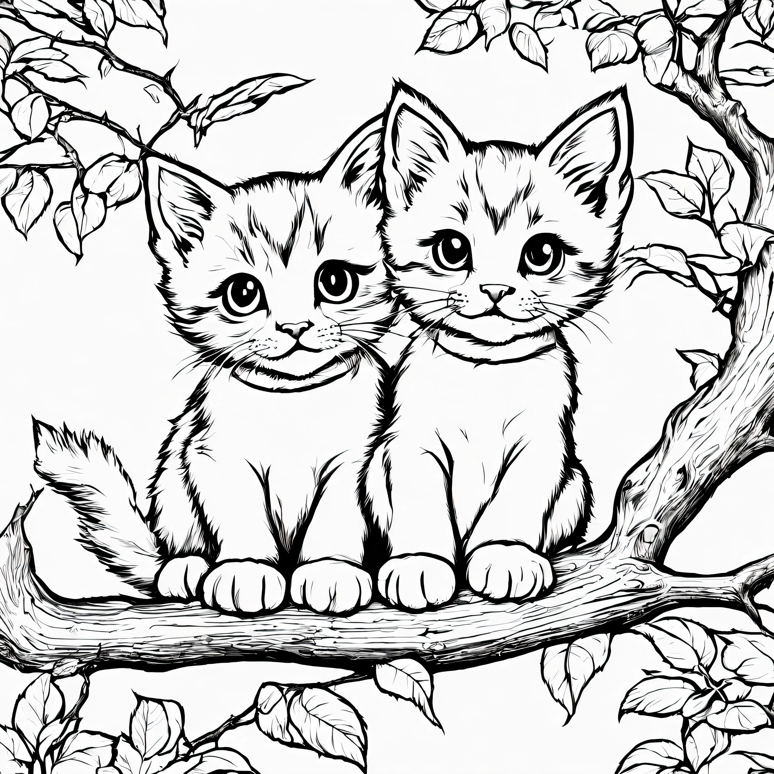 00two kittens together in a tree playing ,Livro de colorir, ColoringBookAF,
 