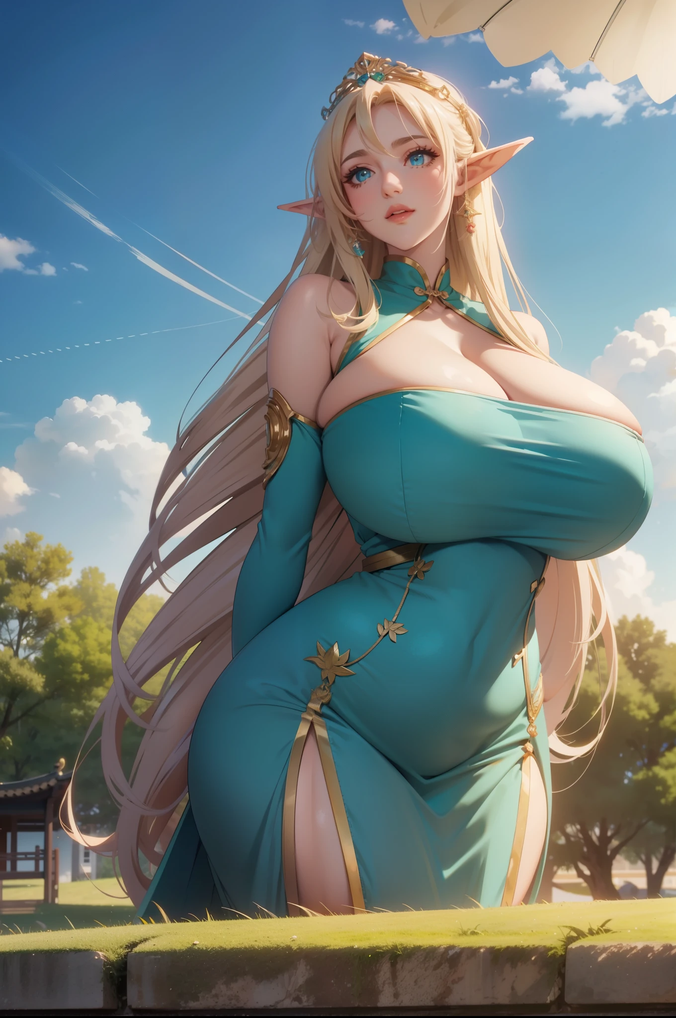 extreme quality, cg, (detailed eyes,and face), (bright colors), (anime), 1woman, (Milf:1.2), impact, (Voluptuous:1.4), goddess, time stop, fantasy, (Elf), (gigantic breasts:1.8), pointed ears, beautiful jewels, clouds, long curly blonde hair, (deep cleavage), masterpiece, top tier, extravagant, 8k, unity wallpaper, unreal engine 5, ray tracing, 8k, cinematic, varied depth of field, octane render, elegant, tone mapping, hyper focus, parted lips, (arms behind back:1.2), dappled sunlight, (spring), nature, (Chinese dress), full body photo, (morning glow), Curvaceous,(mint green eyes), horizon, picturesque scenery, deep cleavage, trees, looking at viewer, (forest),