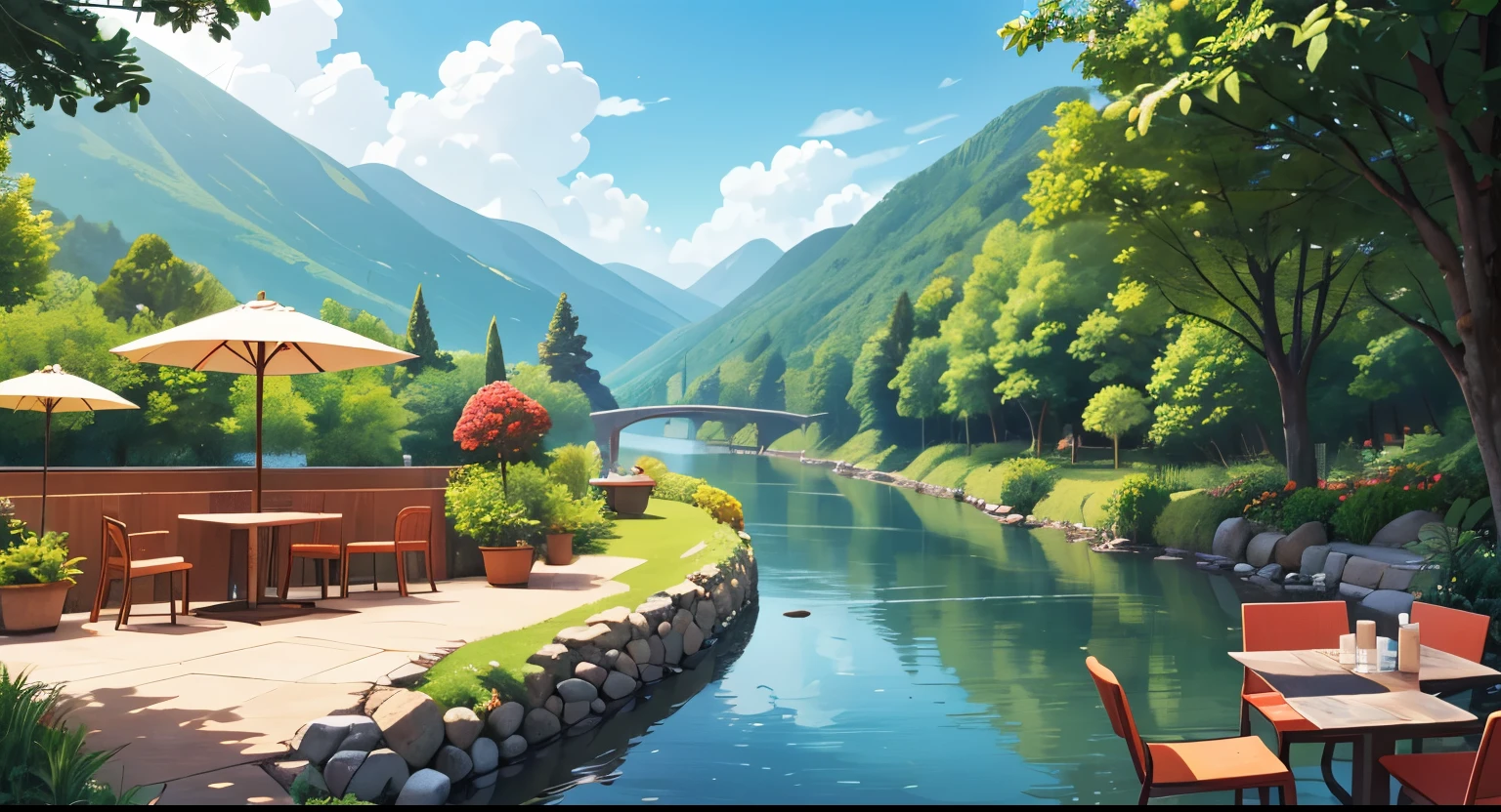 A girl, alone, Beautiful landscape painting、Cafe terrace seating、river, blue-sky、ultra-quality、masutepiece、Natural Color、drinking coffee