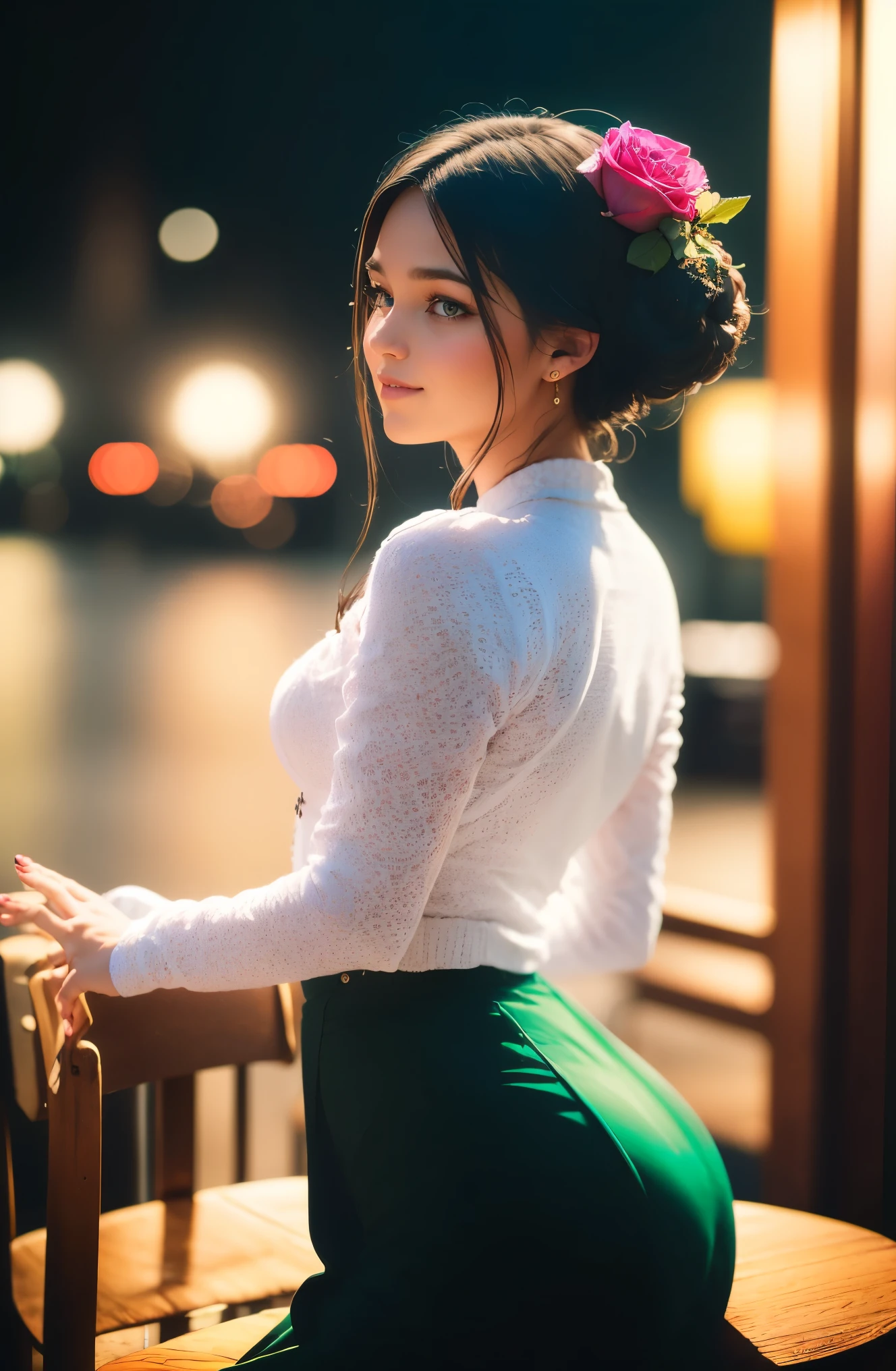 Award winning portrait, RAW, Raw photo, ((best quality)), ((masterpiece)), absurdres, film grain, extremely detailed, amazing, (fine detail:1.2), unbelievable intricate details, (intricate detailed eyes:1.2), (intricate detailed:1), (intricate details face:1.2), detailed facial features, (ultra skin texture) realistic, (high quality:1.2), sharp focus, smooth, aesthetic, extremely detailed, photo_\(ultra\, professional, post-processing, max detail, roughness, real life, photo-realistic 8k, photorealism, (4k ultra highres:1.2), 4K wallpaper, highres, nikon d850 film stock photograph 4 kodak portra 400 camera f1.6 lens rich colors hyper realistic lifelike texture, unrealengine, trending on artstation cinestill 800 tungsten, soft lighting, octane, professional colorgraded, DSLR BREAK. Photo of a beautiful young 23yo woman, anisiamartinezz woman body, medium breasts, parted lips, close mouth, smile, perfect face, white skin, (black bun hair with 1flower:1.2)head on flower,rose, nice hands, perfect hands. 1girl, solo, 1character, (standing), (rear angle view:1.25), (from below), ((full body)), looking at the viewer. (wearing acmmsayarma outfit, acmmsayarma white top with buttons, long sleeves, ((acmmsayarma green long skirt))). ((stittg on the stool at coffee bar, at night, outdoors, nightime, neon lights background)), (lighting spilling on her outfit).,wearing acmmsayarma outfit,Masterpiece
