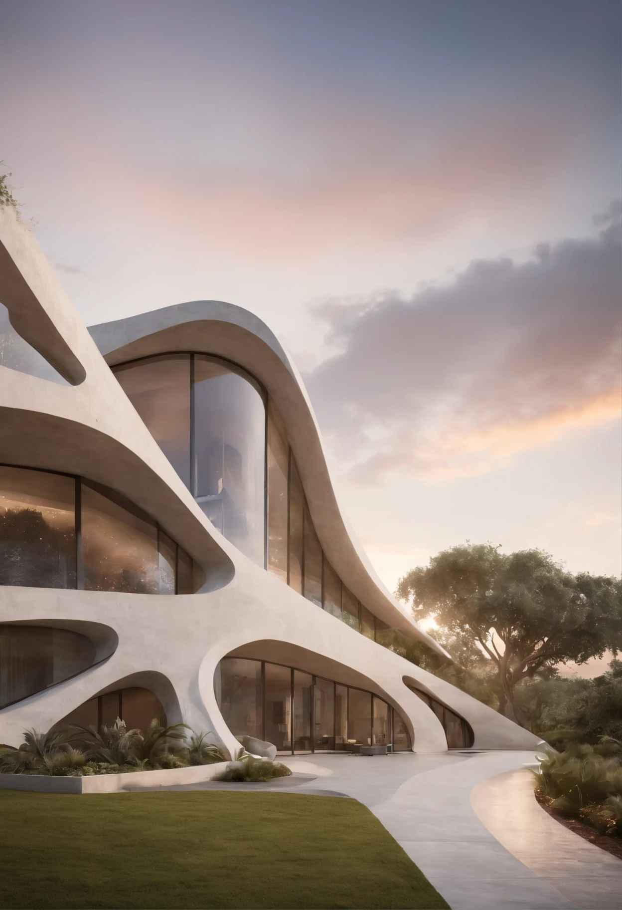 African architectural design (foto realista) (Zaha Hadid) for a very detailed reinforced concrete building , incorporating African symbolic elements into the sunset, with a design that seeks a unique fusion between the modernity of the structure and the cultural richness of the continent, standing out for its photo-realistic representation. Cidade realista muito detalhada. Very detailed vegetation.