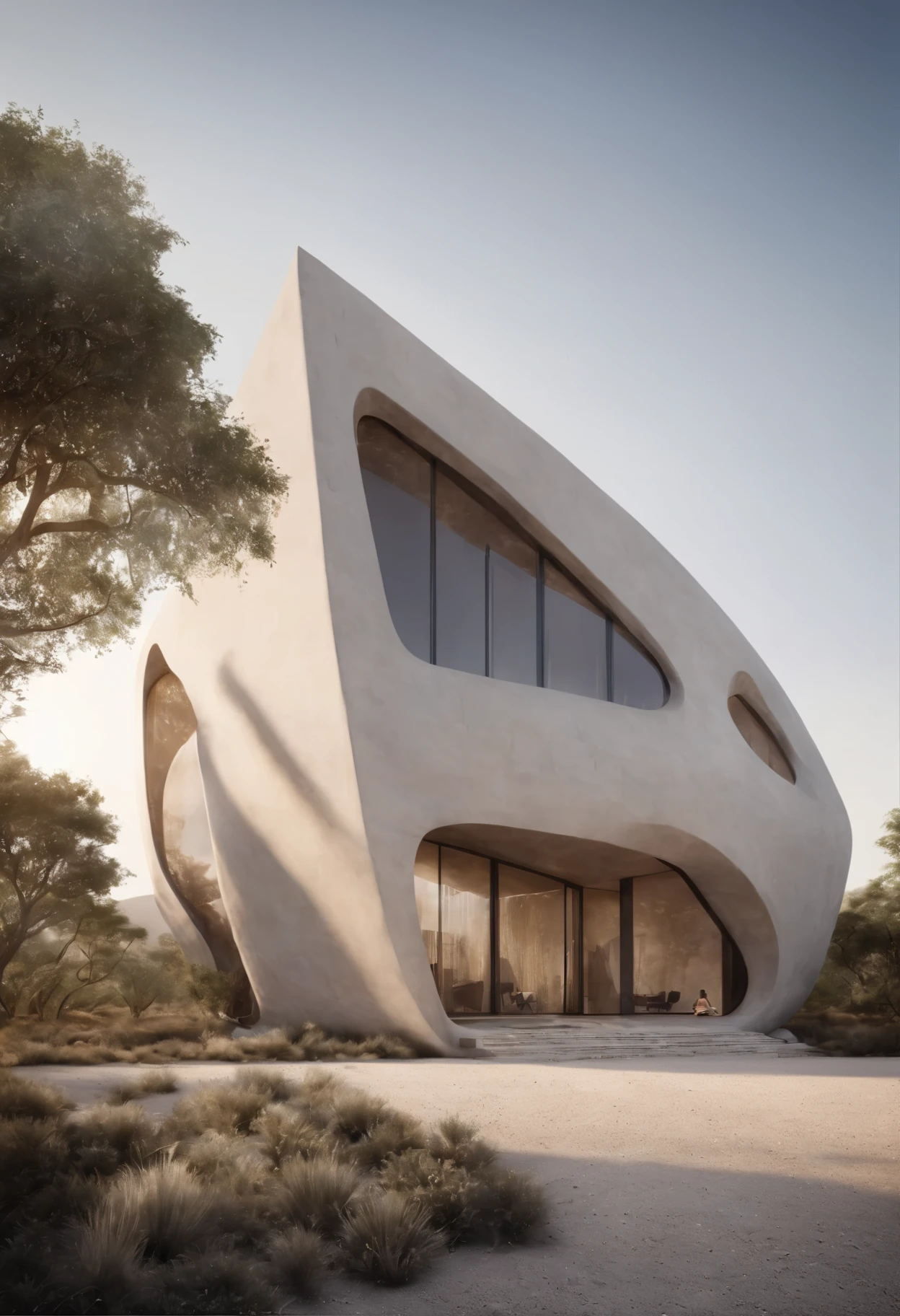African architectural design (foto realista) (Zaha Hadid) for a very detailed reinforced concrete building , incorporating African symbolic elements into the sunset, with a design that seeks a unique fusion between the modernity of the structure and the cultural richness of the continent, standing out for its photo-realistic representation. Cidade realista muito detalhada. Very detailed vegetation.
