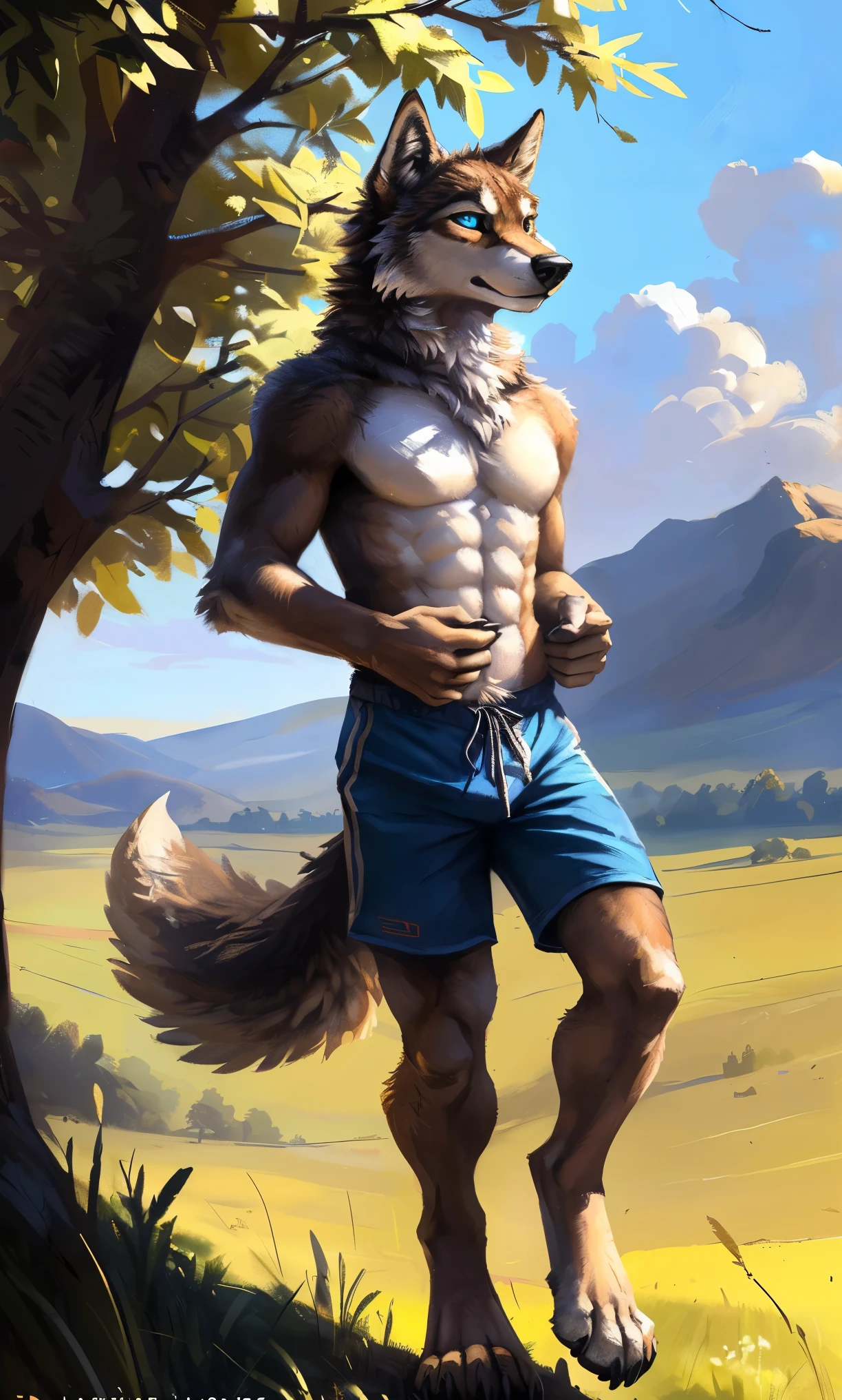 ((Solo)), male people, anthro wolf, (Multi-colored fur, White-brown:1.3，White tail pointed), (Height 2.1m,Tail length 1.2m), ((Wolf face, Big eyes, White eyelids, Blue pupil, Slim:1.2) (Tough, Calm expression:1.2)), Abs, Slim, pinging)), (Correct anatomy), (Work shorts:1.1), The upper body  naked, (detailed outfits),A long big tail，Feet，(Realistic fur, Detailed fur texture, labeled:1.3)), (Natural lighting), Photorealistic, Hyperrealistic, ultradetailed, by Kenket，Field，erect through，Running on