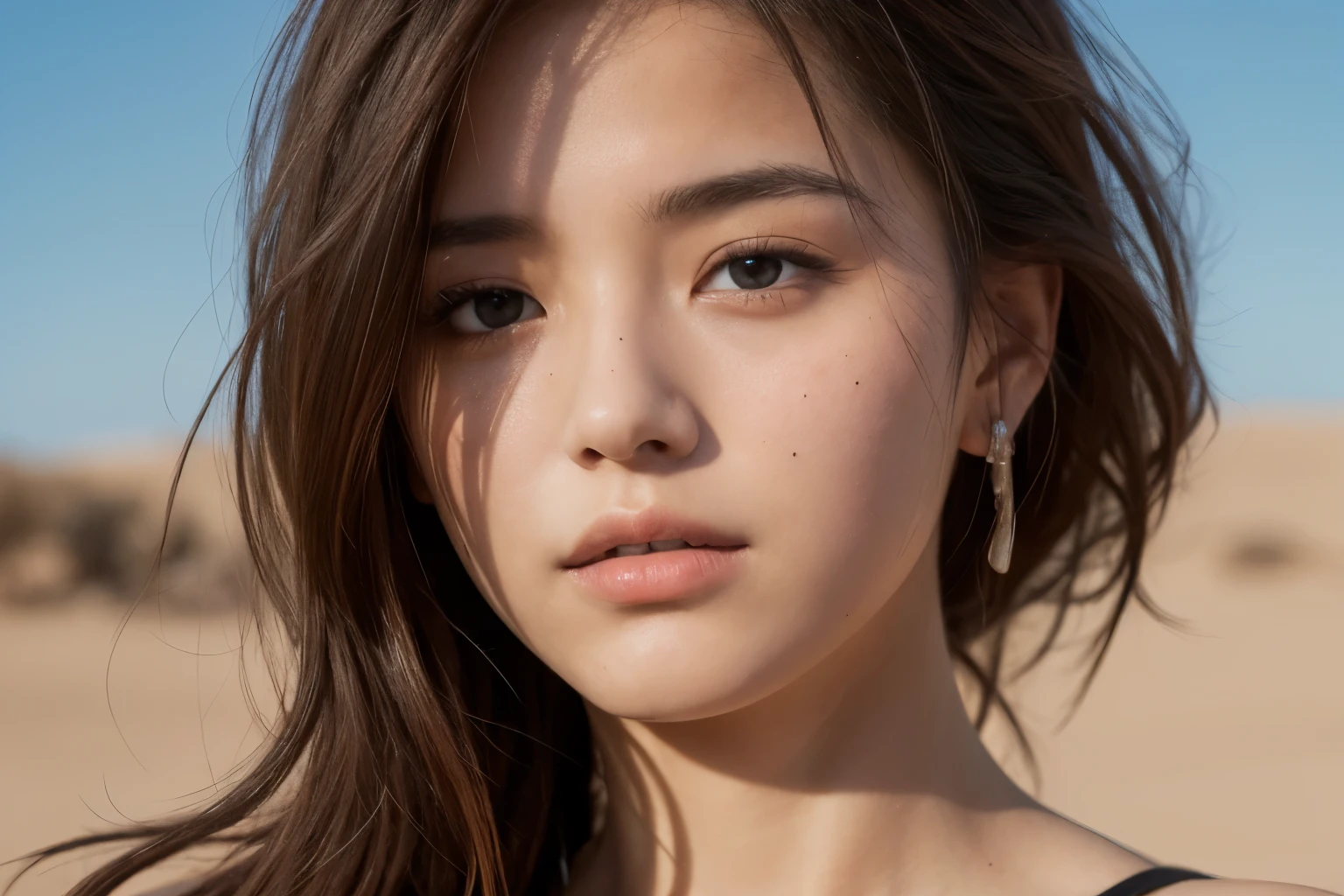 ((highest quality)),((masterpiece)),((so beautiful)), unique light and shadow, one girl, messy hair, realistic skin texture, rugged desert, cactus, Feminine pose