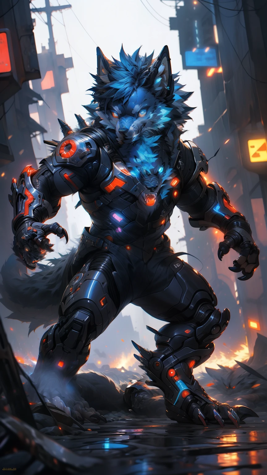 (best quality,4K,8k,high resolution,masterpiece:1.2),super detailed,actual,photoactual:1.37,Werewolf with prosthetics cyberpunk style actual scan, HD Surrealism combat Explanation: 1. (best quality,4K,8k,high resolution,masterpiece:1.2): Used to express high quality standards for generated images。 2. super detailed: Describing images needs to be very detailed，Show details clearly。 3. actual,photoactual:1.37: Description Generated images need to appear actual and photo-like。 4. Werewolf with prosthetics: Werewolves and prosthetics，This is the subject of the picture。Describe a mechanized werewolf，Features of prosthetics。 5. cyberpunk style: cyberpunk style，The artistic style used to describe the image。 6. HD Surrealism combat: Description picture HD、Surrealism、battle scene。 