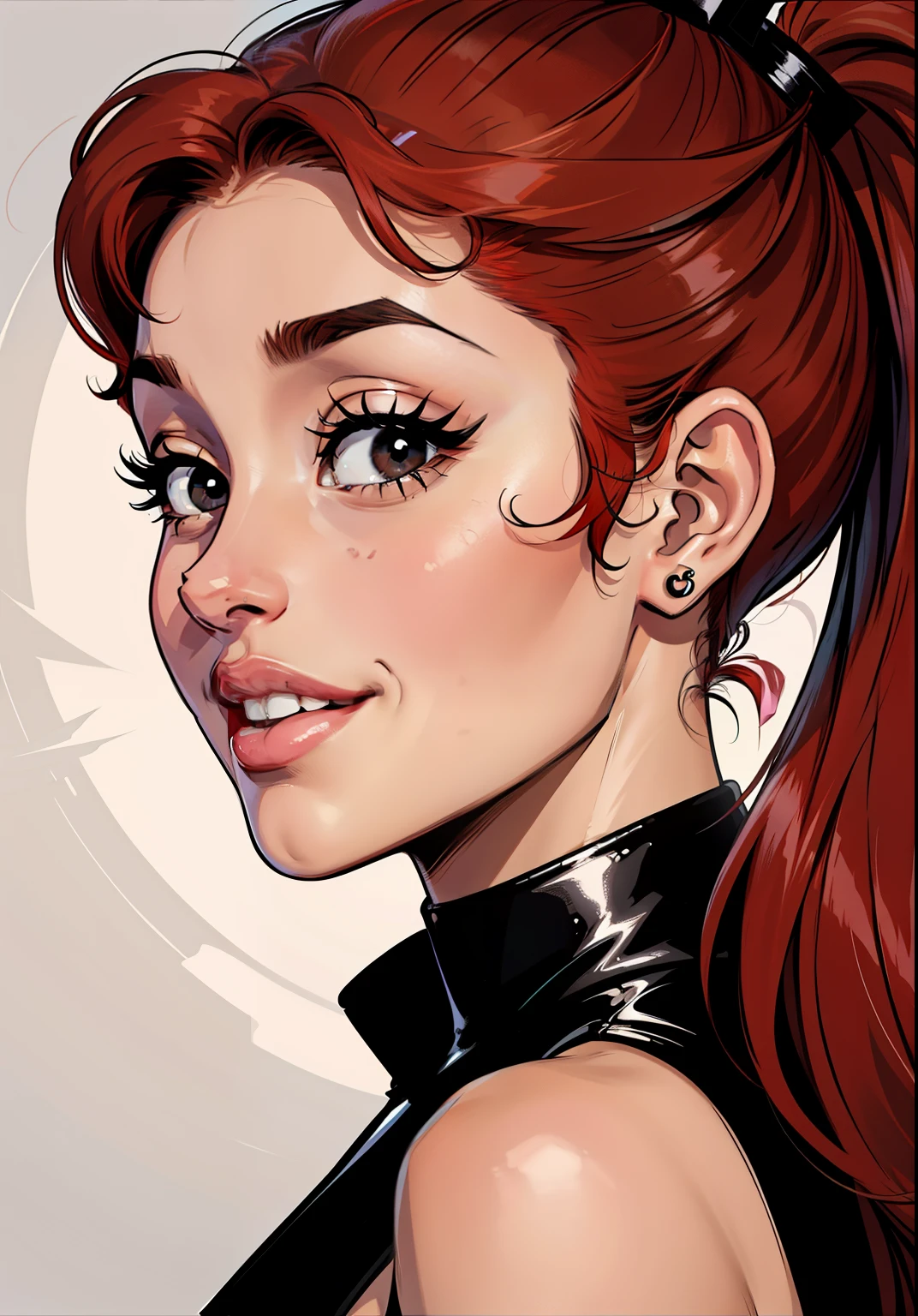 Ariana Grande, laughing, slanted eyes, retrato, de profil, looking to the right, de perfil, red hair, black eyes