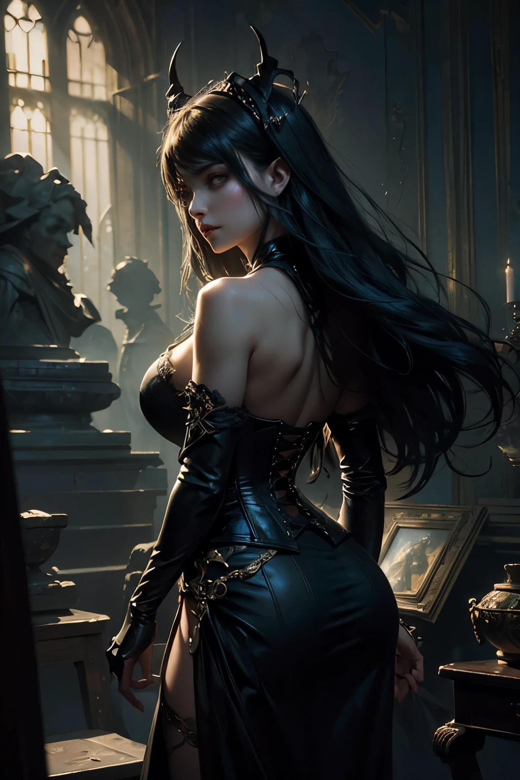 Beautiful painting of a perfect female vampire with a slender figure, large breasts, and small horns. Her shapeless long hair cascades down her back, framing her perfect features. (Wearing an extremely baroque, revealing corset that accentuates her curves), Upper body shot captures her ethereal beauty in near perfection.
This stunning work of art showcases the pure form of the vampire in a dynamic pose, set against an ethereal background. The abstract beauty of the painting is highlighted by deep dark shadows and strong cinematic lighting, creating a captivating contrast. Concept art by renowned artists Greg Rutkowski, John William Waterhouse, and Alph