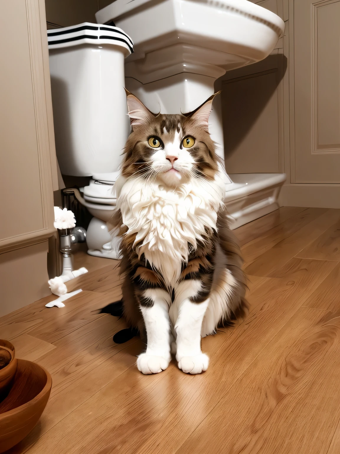 the cat is sitting on the floor next to the bowl, Look straight at the camera, strike a solemn pose, Look straight at the cameraください, Looks self-righteous, anthropomorphic big maine coon, shabby, Maine Coon cat with serious expression, Next to him is a full toilet bowl., good looking, doing a hot majestic pose, sitting on his throne