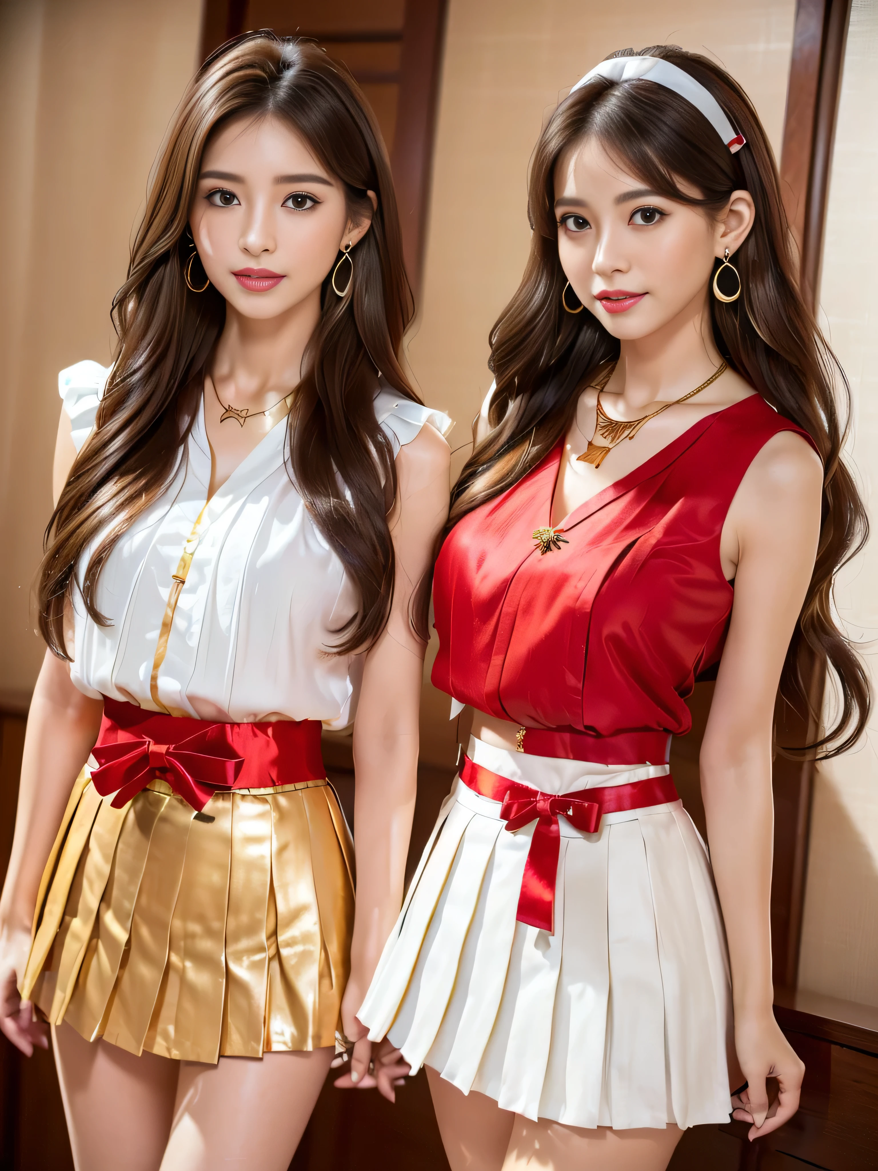 ((1girl in)), 8K、RAW photography、(masuter piece:1.2)、(Photorealsitic:1.2)、(best qualtiy)、((sleeveless，White frills))、((jpn、30 age old))、A woman's light brown hair、((full body Esbian))、Make up - up、Intelligent body、A smile、varied pose、com rosto detalhado、A detailed eye、((no close up))、(Inside the hotel、sleep in bed),((Super long brown hair:1.2))､((Hair with loose waves inside:1.2)),((gold necklace＿Large earrings:1.2)),((red tailored style_Blouse with ribbon_White pleated mini skirt:1.3)),