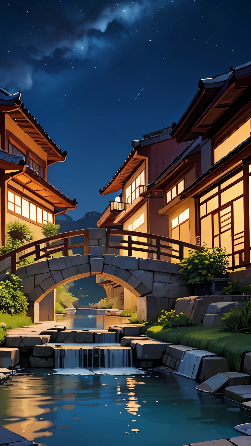 (obra de arte, melhor qualidade, illustration, detalhe fino), ((Papel de parede CG Unity 8K muito detalhado, high resolution)), high saturated, Baixo brilho, Arte conceitual, ((unmanned)), (paisagem), (small bridge of running water), (Jiangnan Water City), sky, noite, (Lua cheia), Nuvem, ar livre, arquitetura, rio, Jardim Suzhou