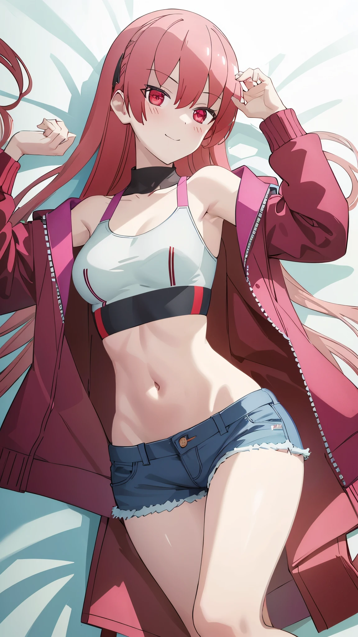 masterpiece, highres, solo, 8k, detailed, perfect face, (ultra high quality), looking viewers, collar bones, medium breast, navel, stomach, belly, armpit, sideboobs, pink hair, red eyes, slim body, smile, crop tanktop, white tanktop, denim short, mini short , blush, perfect fingers