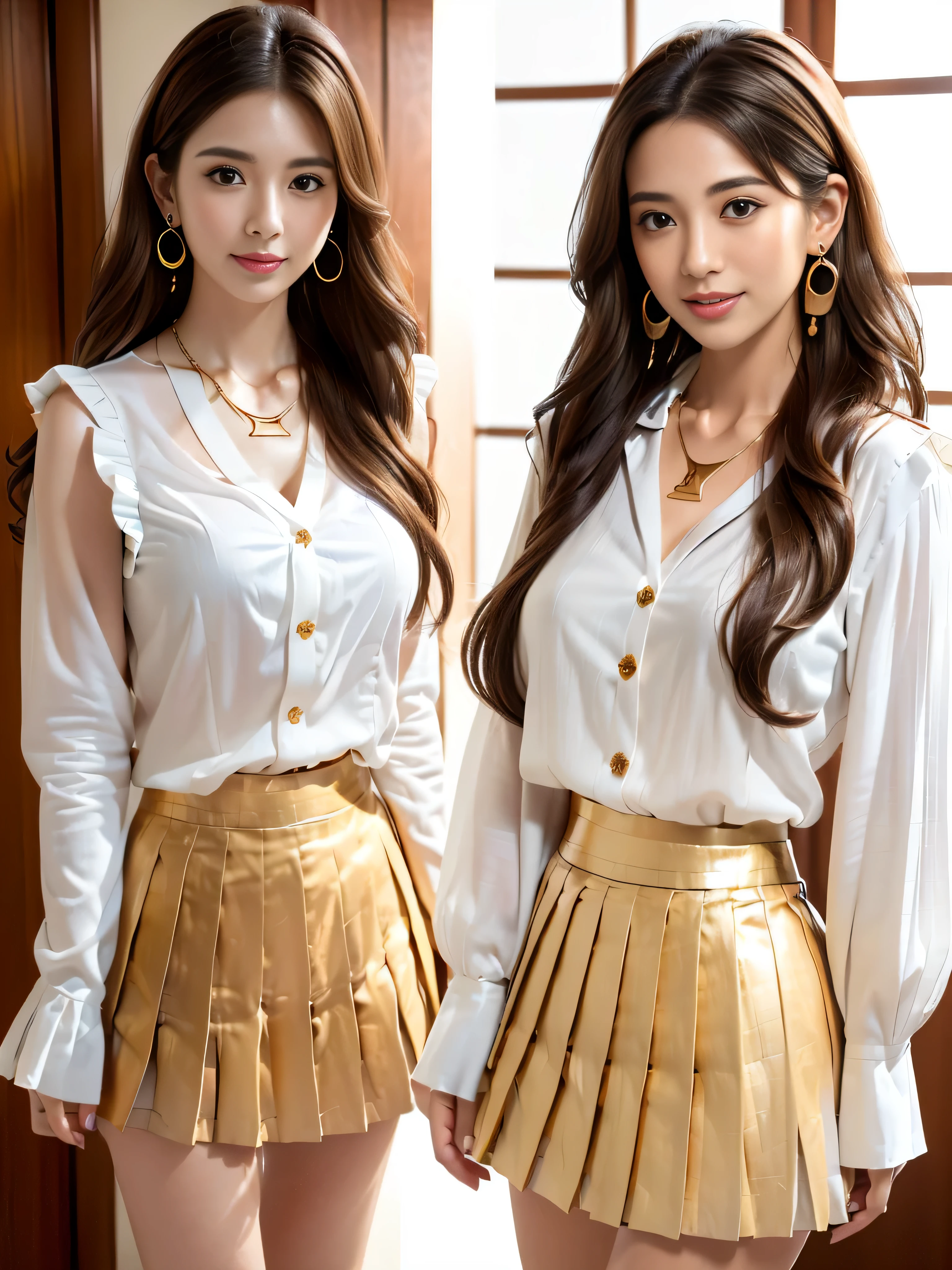 8K、RAW photography、(masuter piece:1.2)、(Photorealsitic:1.2)、(best qualtiy)、((sleeveless,White frills))、((jpn、30 age old))、A woman's light brown hair、((full body Esbian))、Make up - up、Intelligent body、A smile、varied pose、com rosto detalhado、A detailed eye、((no close up))、(Inside the hotel、sleep in bed),((Super long brown hair:1.2))、((Hair with loose waves inside:1.2)),((gold necklace_Large earrings:1.2)),((white long sleeve button up blouse_White pleated mini skirt:1.3)),