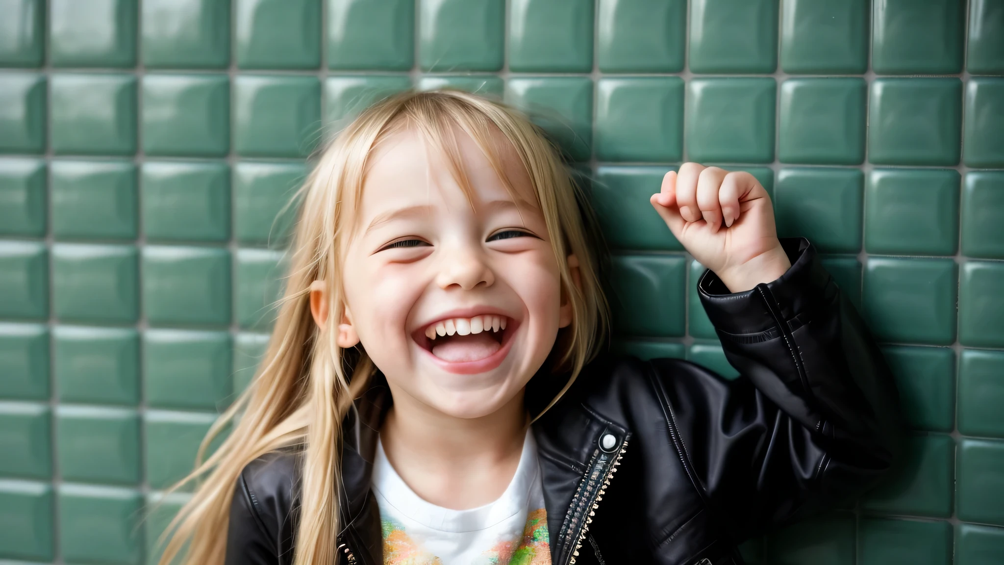 background green tiles, KIDS GIRL BLONDE long hair black jacket, evil crazy laugh,