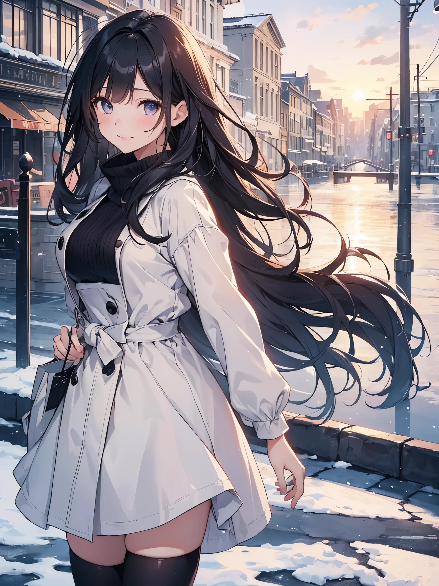 1girl, (8K、highest quality、masterpiece:1.2)、(realistic、フォトrealistic:1.2)、Holiday Afternoon、 enjoying shopping、beautiful sky、looking at the viewer、A sloppy smile、big breasts、delicate beautiful eyes、black hair、medium long hair、winter date fashion、 Casual clothes、fashionable clothes、thick overcoat、Skirt、black stockings