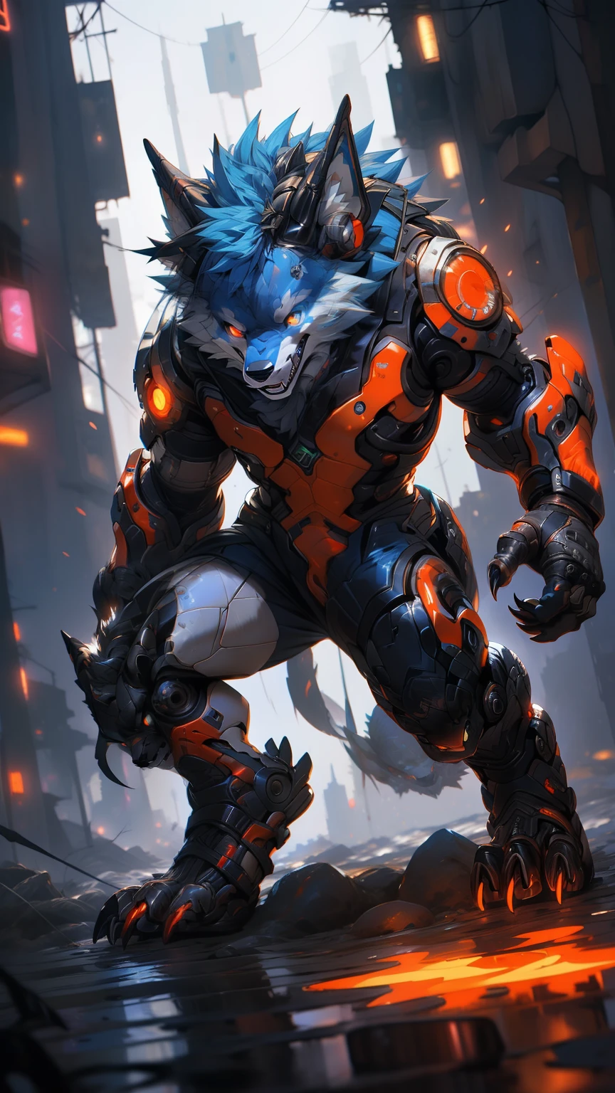 (best quality,4K,8k,high resolution,masterpiece:1.2),super detailed,actual,photoactual:1.37,Werewolf with prosthetics cyberpunk style actual scan, HD Surrealism combat Explanation: 1. (best quality,4K,8k,high resolution,masterpiece:1.2): Used to express high quality standards for generated images。 2. super detailed: Describing images needs to be very detailed,Show details clearly。 3. actual,photoactual:1.37: Description Generated images need to appear actual and photo-like。 4. Werewolf with prosthetics: Werewolves and prosthetics,This is the subject of the picture。Describe a mechanized werewolf,Features of prosthetics。 5. cyberpunk style: cyberpunk style,The artistic style used to describe the image。 6. HD Surrealism combat: Description picture HD、Surrealism、battle scene。