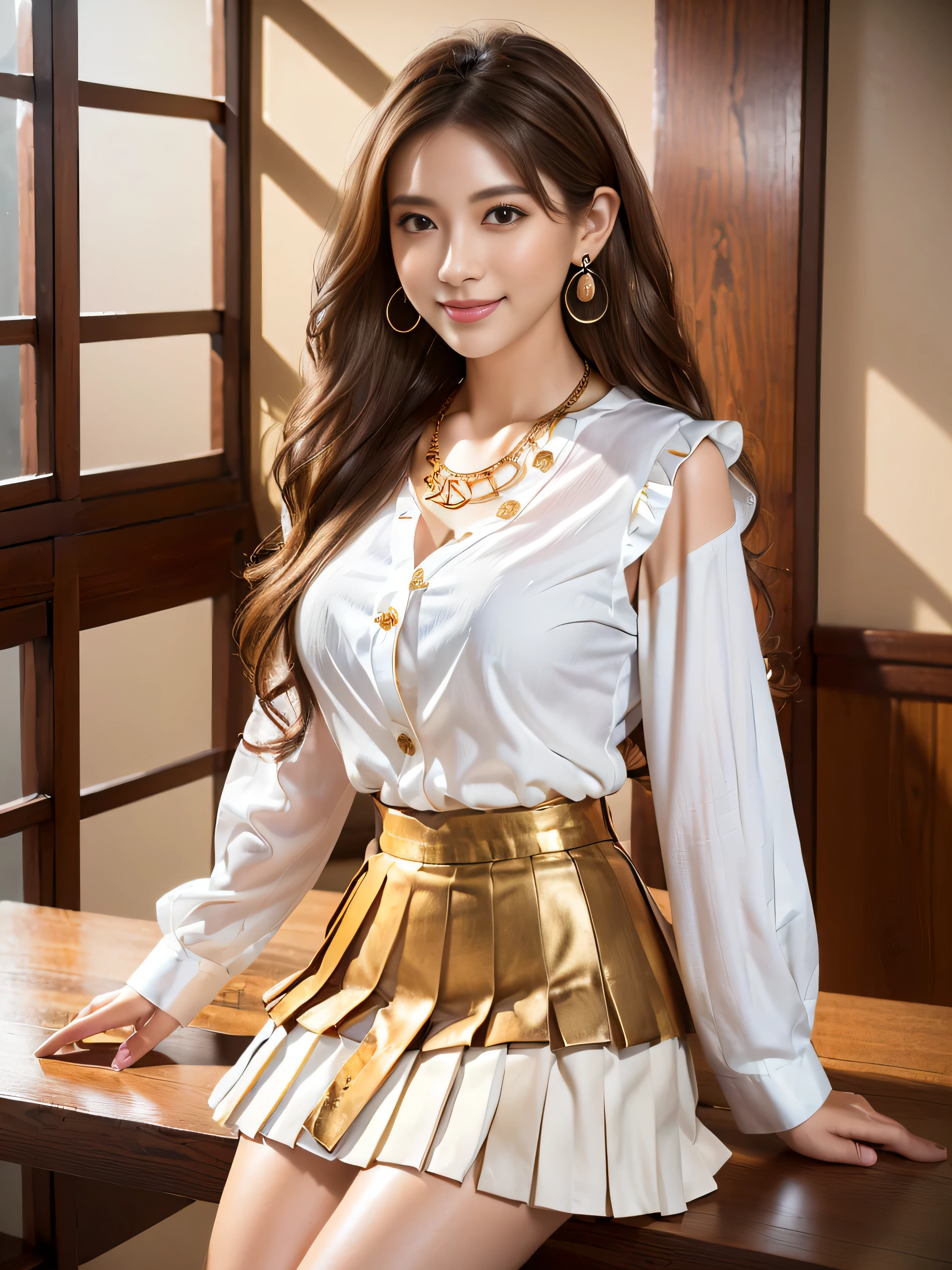 8K、RAW photography、(masuter piece:1.2)、(Photorealsitic:1.2)、(best qualtiy)、((sleeveless，White frills))、((jpn、30 age old))、A woman's light brown hair、((full body Esbian))、Make up - up、Intelligent body、A smile、varied pose、com rosto detalhado、A detailed eye、((no close up))、(Inside the café、sit on chair),((Super long brown hair:1.2))､((Hair with loose waves inside:1.2)),((gold necklace＿Large earrings:1.2)),((white long sleeve button up blouse_White pleated mini skirt:1.3)),