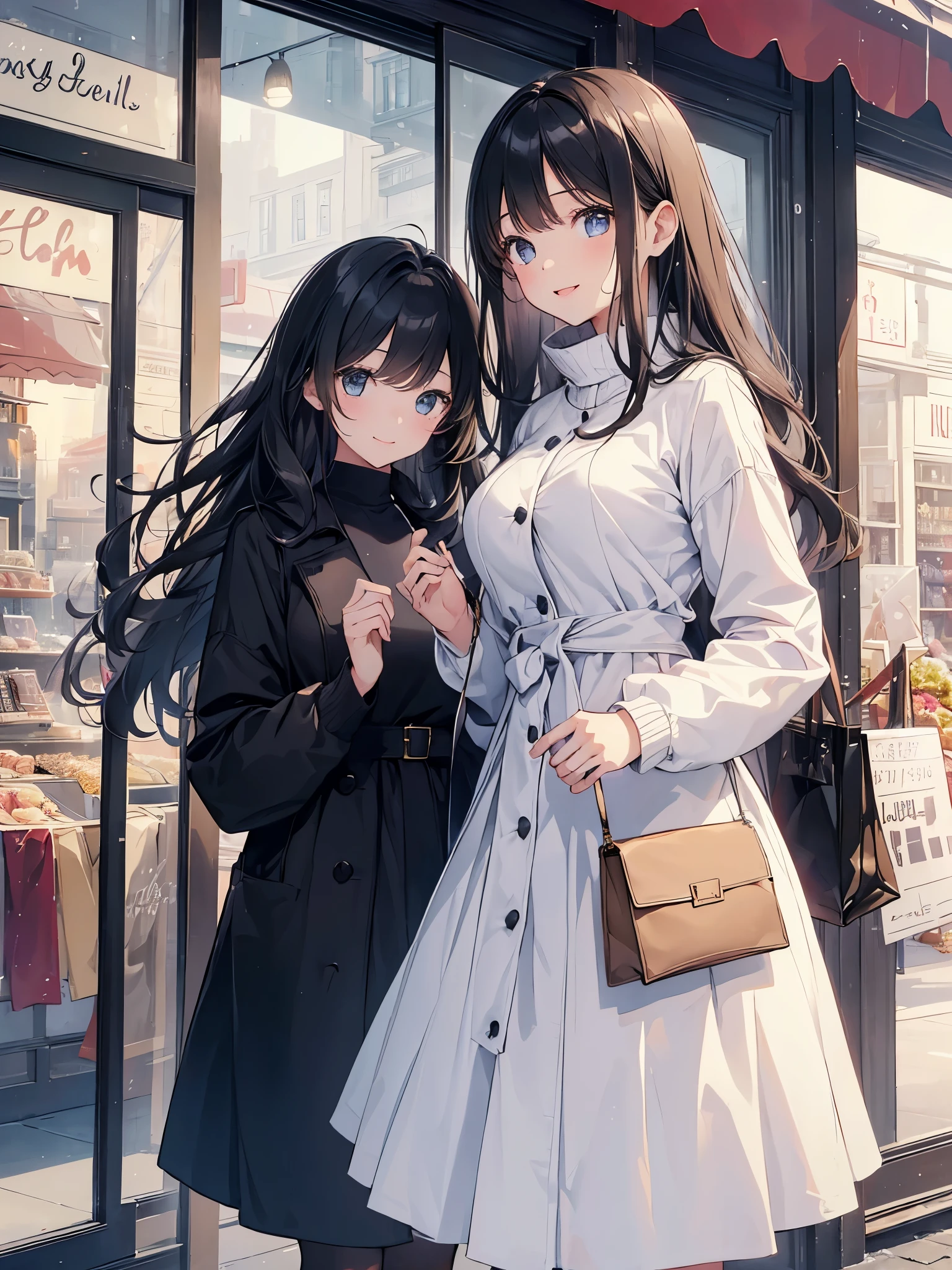 1girl, (8K、highest quality、masterpiece:1.2)、(realistic、フォトrealistic:1.2)、Holiday Afternoon、 enjoying shopping、beautiful sky、looking at the viewer、A sloppy smile、big breasts、delicate beautiful eyes、black hair、medium long hair、winter date fashion、 Casual clothes、fashionable clothes、thick overcoat、Skirt、black stockings