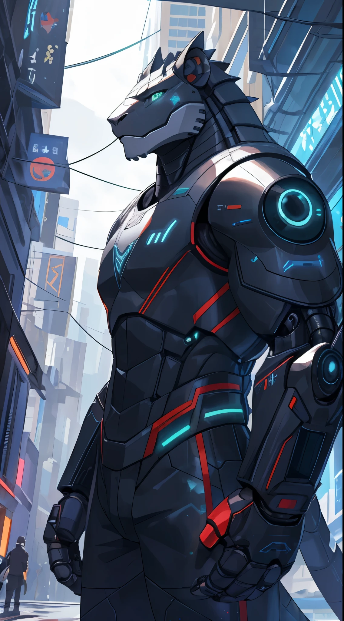 male, muscular, synthesizer (Mr. Vader), robot, cyborg, lion, black lion, Robo Lion, lizard, silver lizard, Robo lizard, Cyber Cities, futuristic city, common size, black background, best quality, 4K, 8K, highres, masterpiece:1.2, ultra-detailed, realistic, photorealistic:1.37, HDR, UHD, studio lighting, ultra-fine painting, sharp focus, physically-based rendering, extreme detail description, professional, vivid colors, bokeh, portraits, landscape, horror, anime, sci-fi, photography, concept artists, cyberpunk, vibrant colors, dramatic lighting.