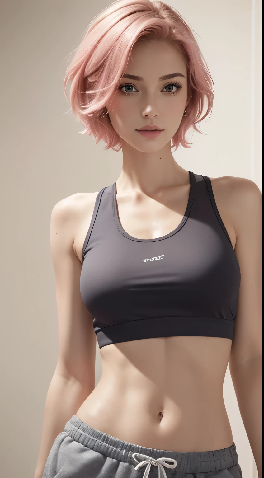 (Masterpiece, best quality, award winning, photorealistic, highres, UHD :1.ortrait, sharp focus, medium shot, 1 beautiful European 20 yo woman, pretty girl, realistic model, skinny, slender figure, beautiful midriff, thin waist, (realistic skin, sweat body :1.1), realistic detailed face, beautiful and realistic eyes, layered hairstyle, short pink hair, highly detailed realistic hair, light makeup, attractive, stunning, ((wearing sport tank tops and sweatpants)), in the club ((photorealistic, realistic, super realistic, realism, realistic detail))
