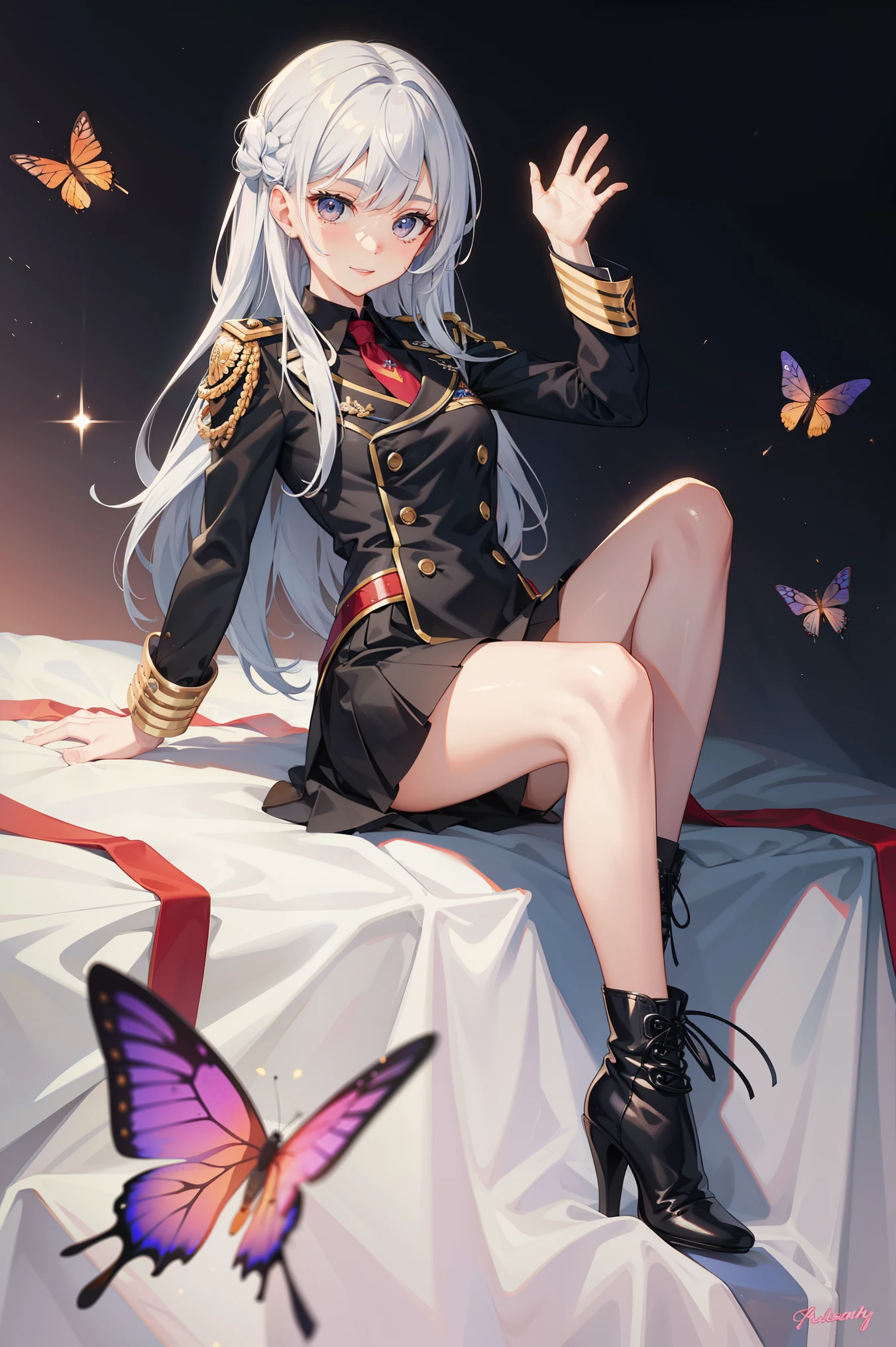 1 girl, silver hair, black eyes, smiling, ((black uniform)), cute, cold face, calm face, happy, detailed face, detailed eyes, high heels boots, butterflies 